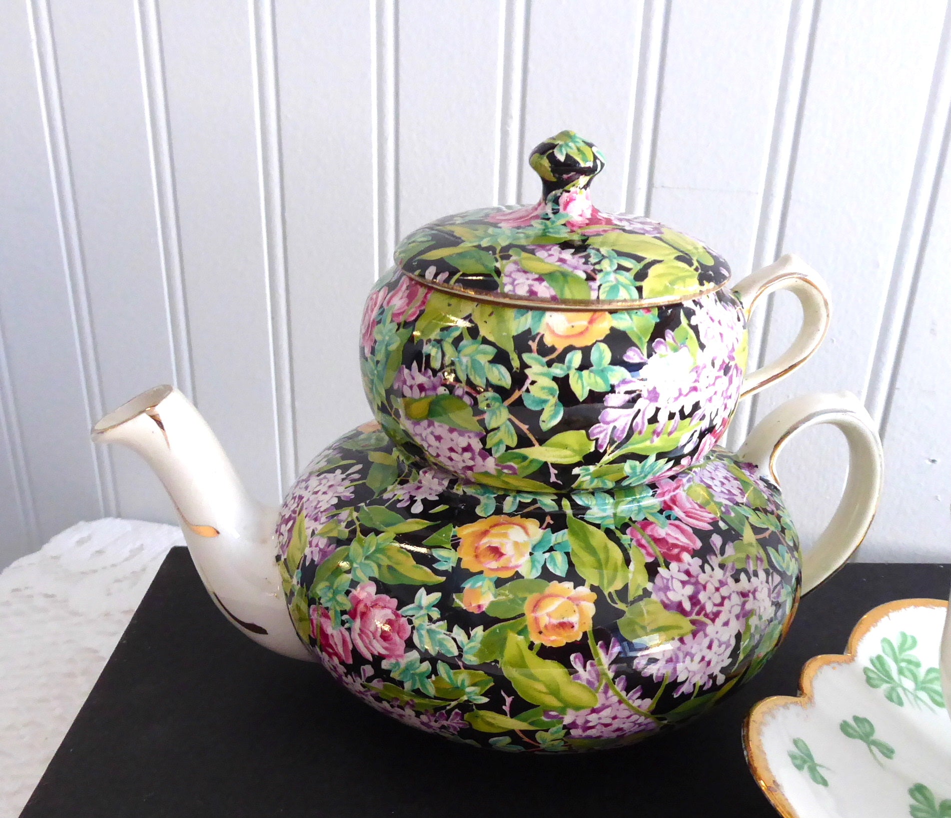 Vintage 1930s Nelson Stacking Teapot - Black Beauty Chintz Design, Single Serve Tea Pot for Tea Lovers | Perfect for Afternoon Tea, English Tea Parties & Collectible Home Decor