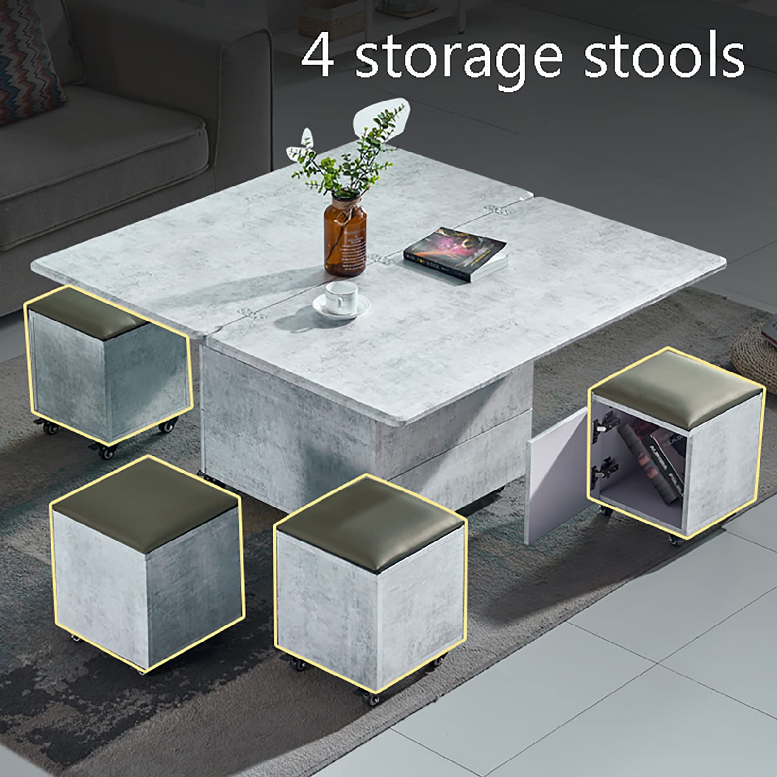 CAYJ Lift-Top Coffee Table with Hidden Storage & 4 Stools - Multifunctional Living Room & Dining Table in Grey with Orange Stitching - Perfect for Small Spaces, Home Office, and Entertaining Guests