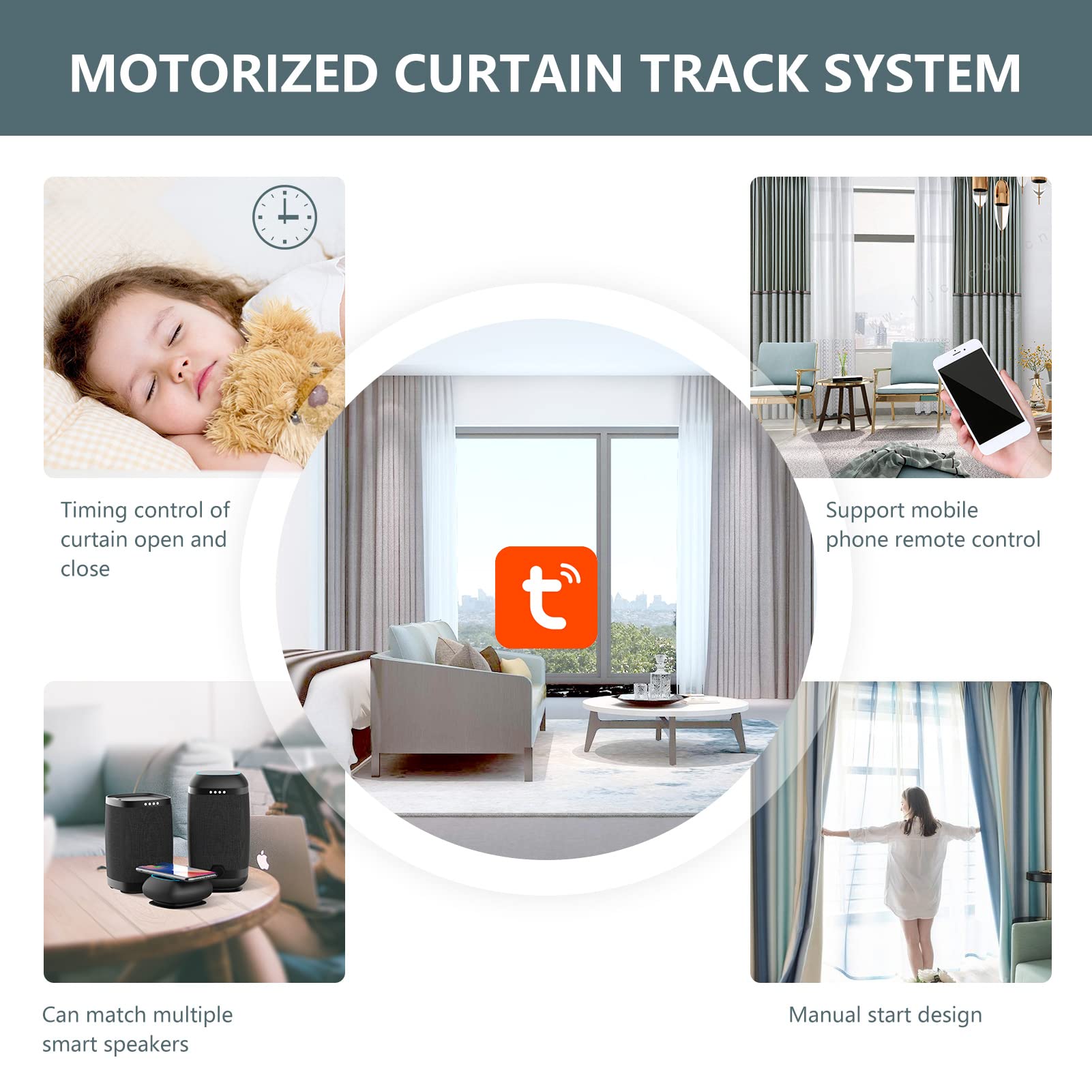 Smart WiFi Curtain Tracks - Voice Control with Alexa & Google Home, Tuya App Remote, Motorized Curtain Opener for Automated Home (125 Inch) - Perfect for Smart Homes, Bedrooms & Living Rooms