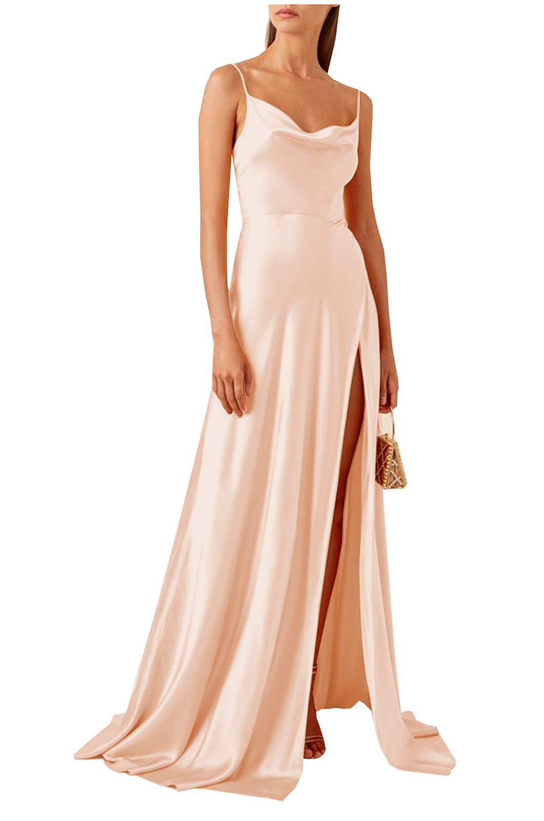 Elegant Sukleet Women's Cowl Neck Long Satin Bridesmaid Dress with High Slit - Perfect for Weddings, Formal Parties & Special Occasions