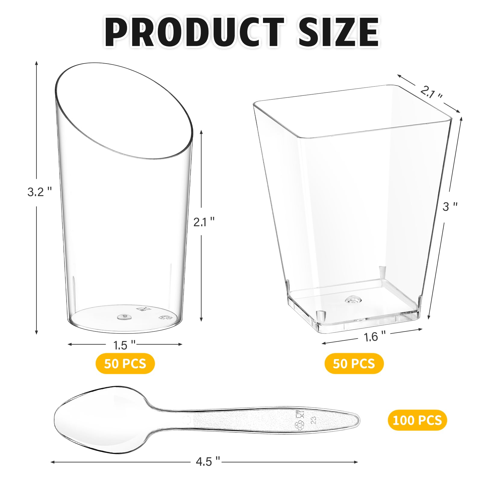 100-Pack Square & Slanted Plastic Dessert Cups with Spoons - 2.2oz & 5oz Mini Party Shooters for Banana Pudding, Yogurt, Jello, Fruit, Appetizers - Perfect for Weddings, Baby Showers & Catering Events