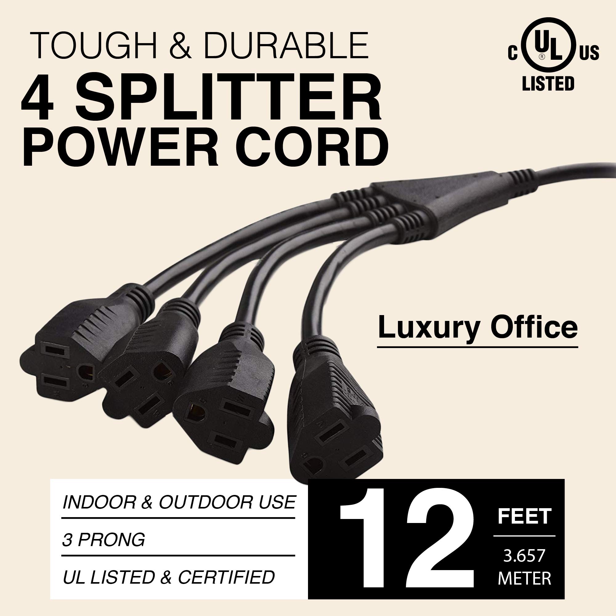 4 Way Power Splitter - 1 to 4 Extension Cord Splitter, 12ft Heavy Duty 16AWG SJT Power Cable, 3 Prong Outlet Splitter with Y-Style Design for Home, Office & Workshop - Black by Luxury Office (1 Pack) - Perfect for Powering Multiple Devices, Tools & Electronics Safely