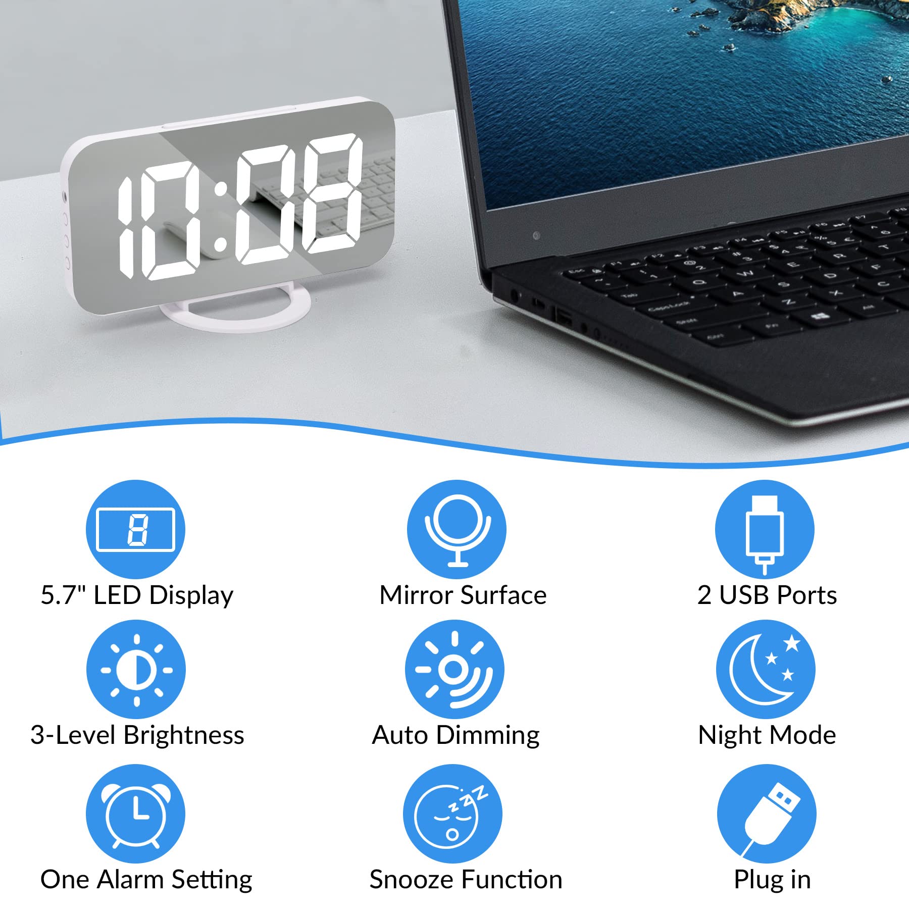 Digital Alarm Clock with LED Mirror Display - Dual USB Ports, 3-Level Brightness & Auto Dimming for Bedroom & Office | Night Mode, Easy Snooze, Modern White Decor | Perfect for Nightstands, Home Offices & Gift Giving
