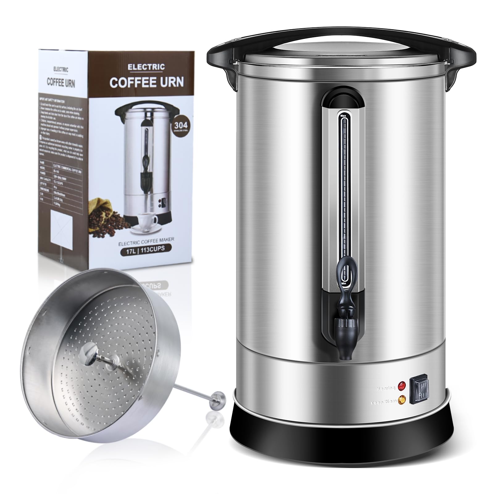 100-Cup Commercial Coffee Urn - 14.2L Stainless Steel Electric Coffee Maker with Double Wall Insulation & Quick Brew Technology | Large Hot Water Dispenser for Restaurants, Offices & Catering Events (Silver)