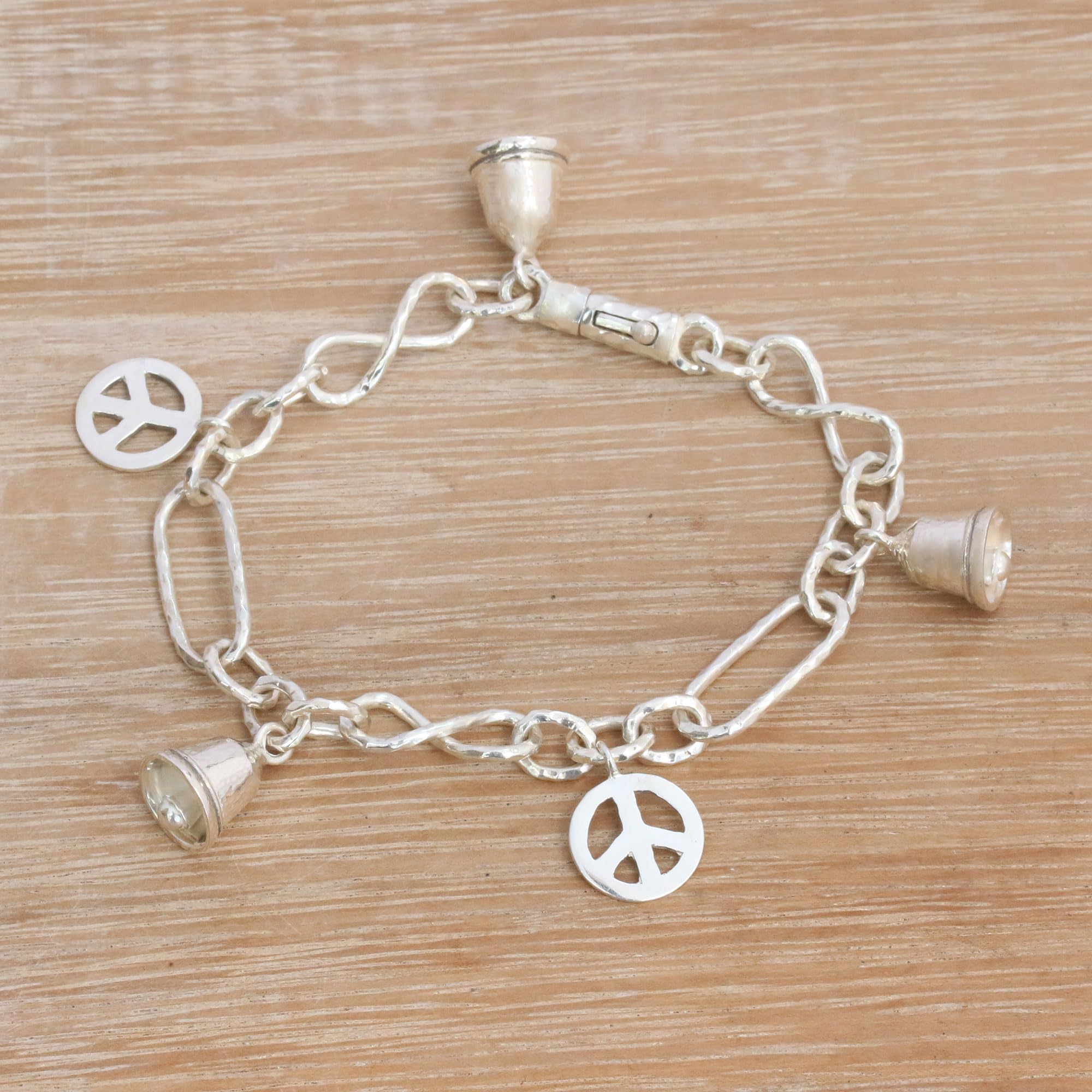 NOVICA Handmade Bali Sterling Silver Peace Symbol Charm Bracelet - 7.5 Inch Adjustable Bangle with Infinity Design - Indonesian Artisan Jewelry for Women - Perfect for Yoga, Meditation & Boho Fashion