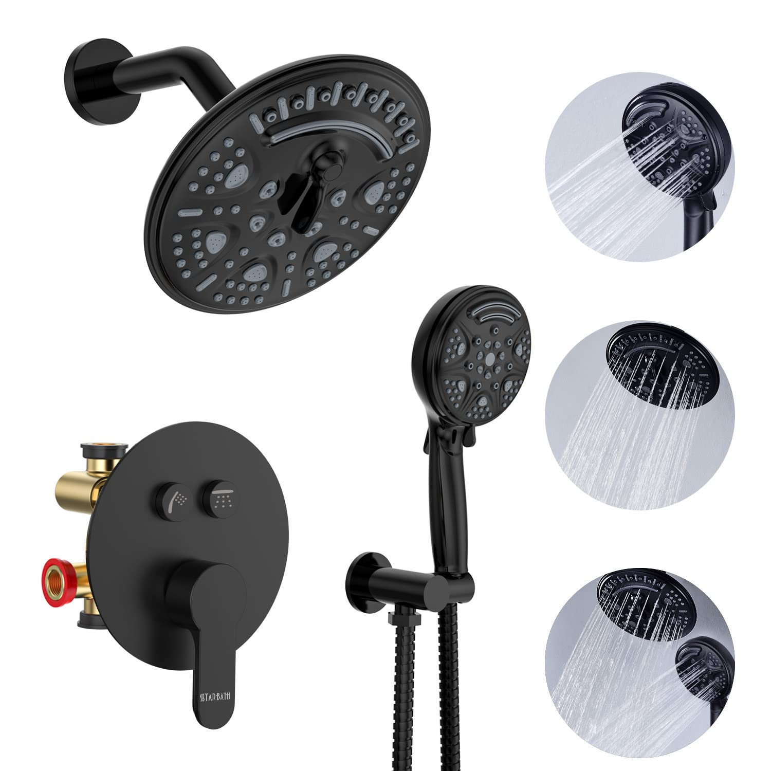 Premium Black Shower Faucet Set - 6-Setting Rainfall Shower Head & 9-Setting Handheld Shower Combo with Wall Mounted 3-Way Pressure Balance Valve - Complete Bathroom Shower System for Luxurious Spa-Like Experience at Home