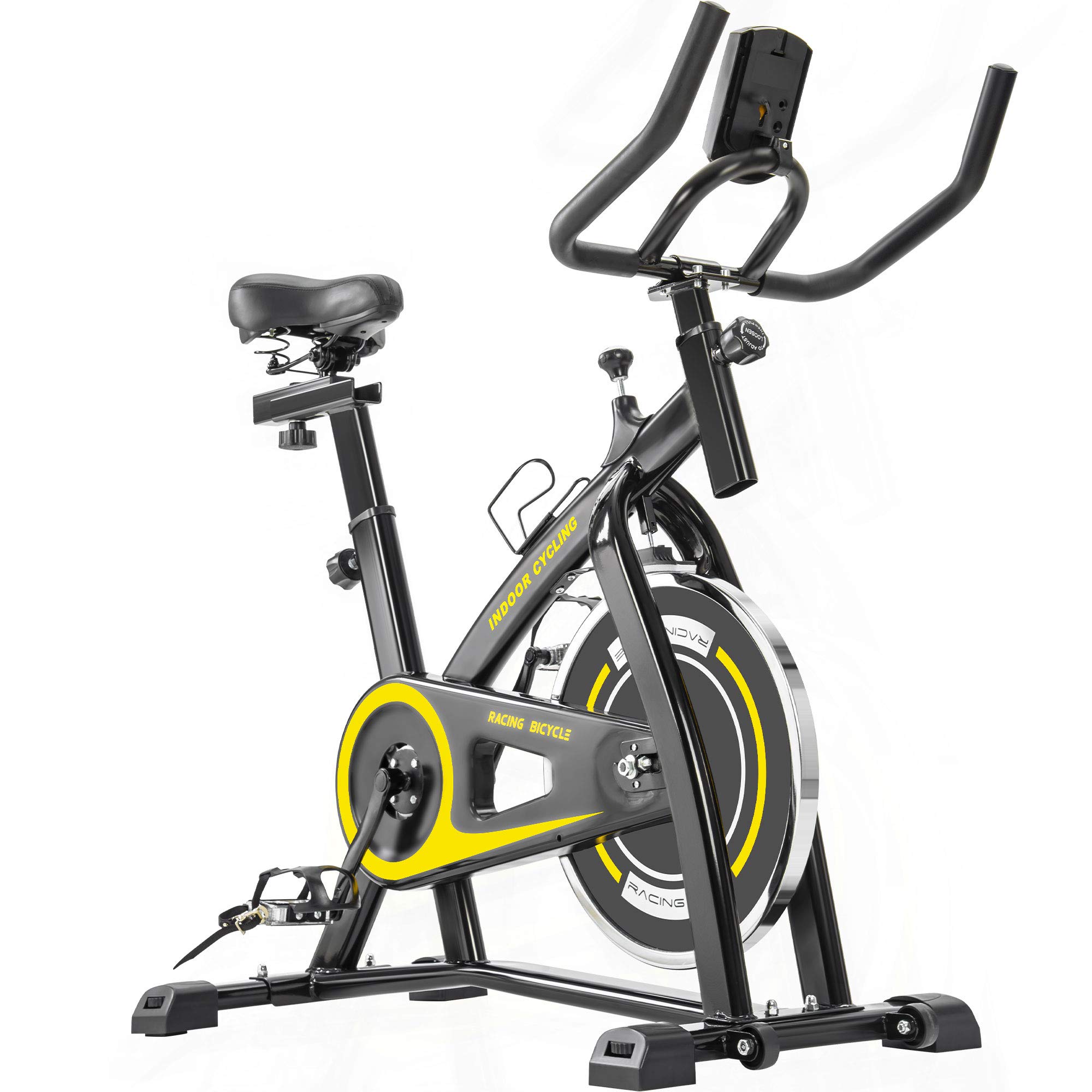 Premium Indoor Cycling Bike Trainer - Comfortable Seat Cushion, Smooth Belt Drive System & LCD Monitor for Home Gym - Yellow Exercise Bike for Cardio & Weight Loss Workouts