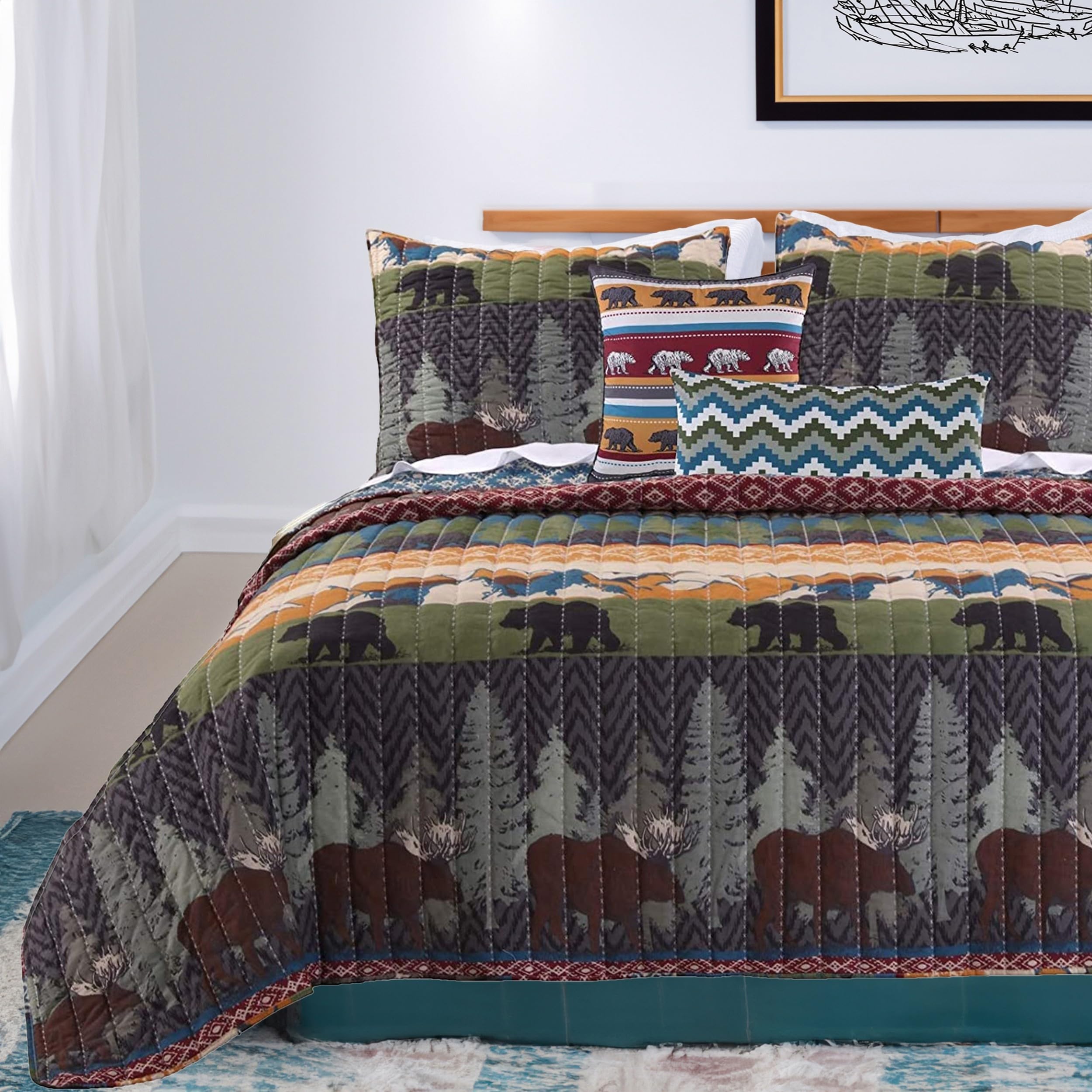 Greenland Home Black Bear Lodge 4-Piece Twin Quilt Set with 2 Pillow Shams - Cozy Cabin Bedding for Kids & Adults - Perfect for Lodge, Camping & Rustic Bedroom Decor
