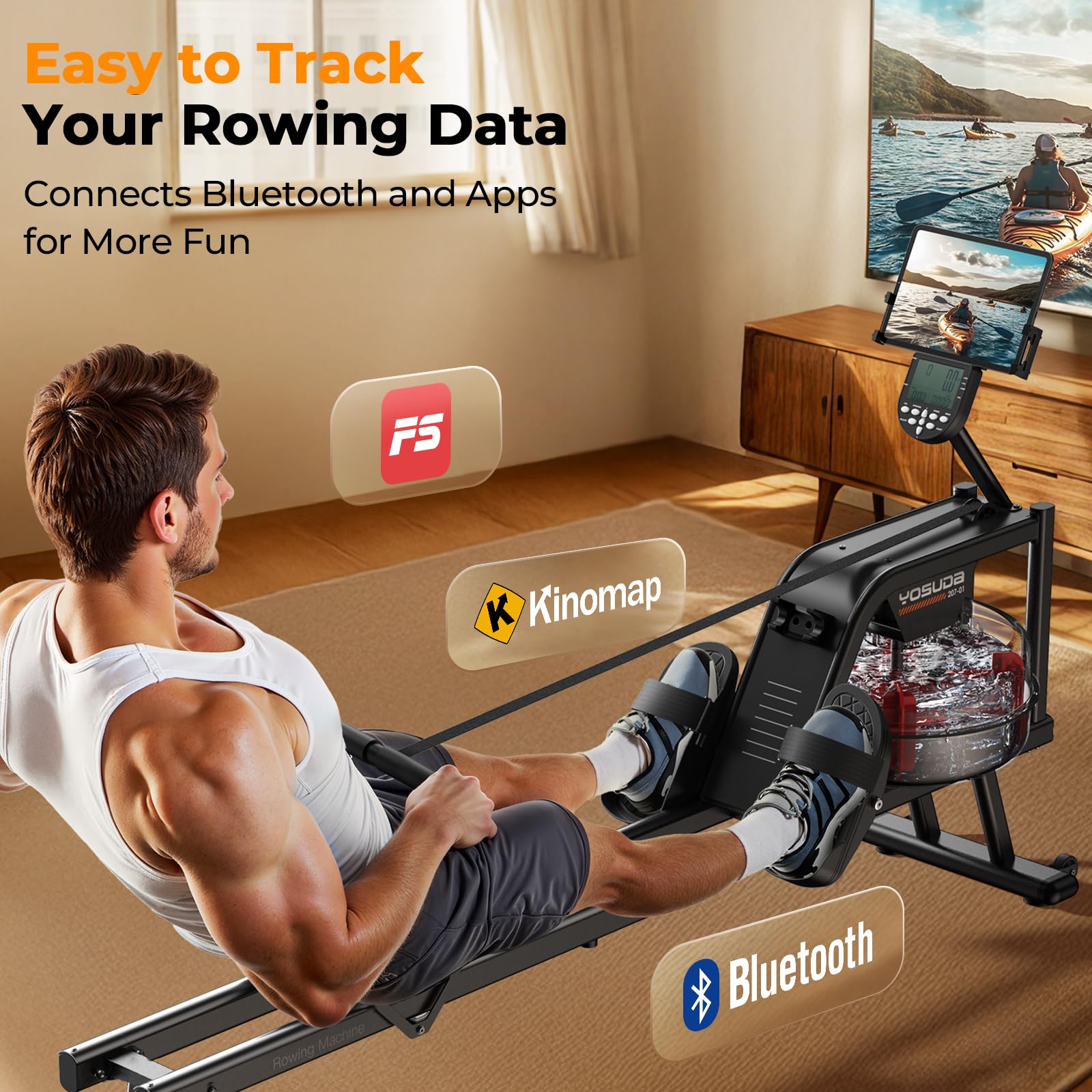 YOSUDA Magnetic/Water Rowing Machine for Home Gym - 350 LB Weight Capacity, Foldable Design with Bluetooth Connectivity, App Compatibility, Tablet Holder & Comfortable Seat Cushion | Perfect for Full-Body Workouts, Cardio Training & Small Space Fitness