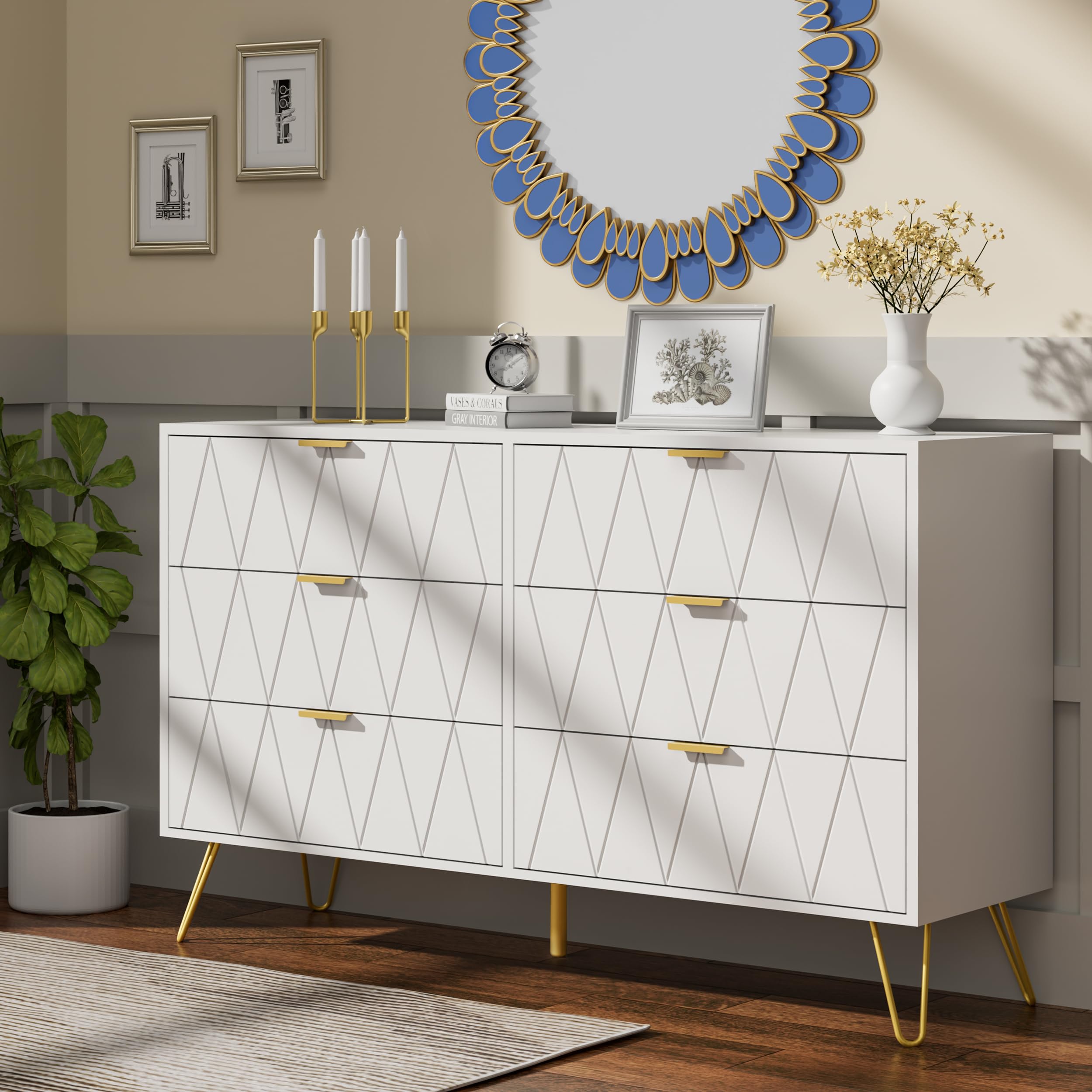 Modern White 3-Piece Bedroom Furniture Set - 6-Drawer Dresser & 2 Nightstands with Storage Drawers | Space-Saving Bedroom Decor for Master Bedroom, Guest Room or Apartment (White Finish)