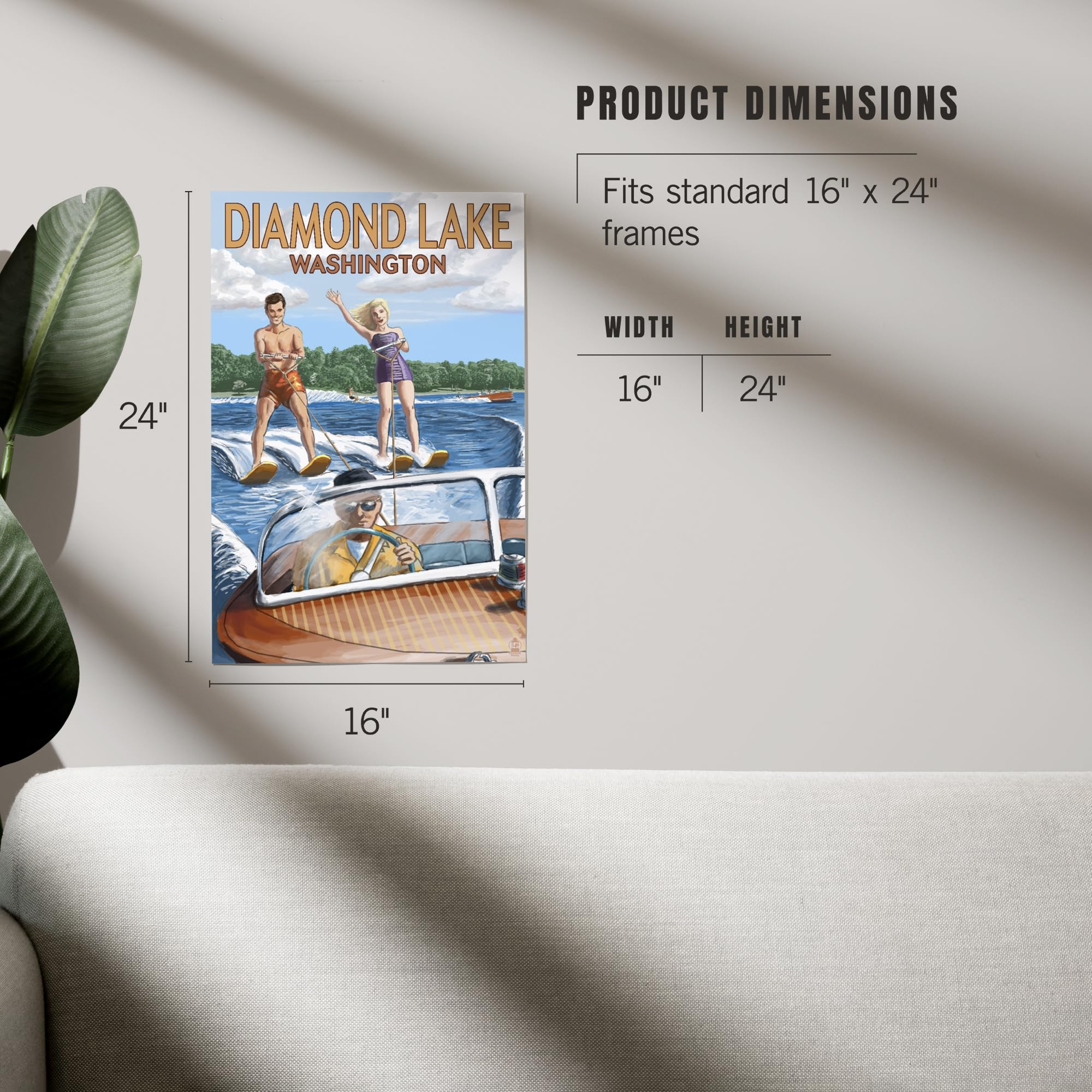 Lantern Press 16x24 Inch Giclee Art Print - Diamond Lake Washington Water Skiing Landscape Wall Decor | Perfect for Living Room, Bedroom & Office