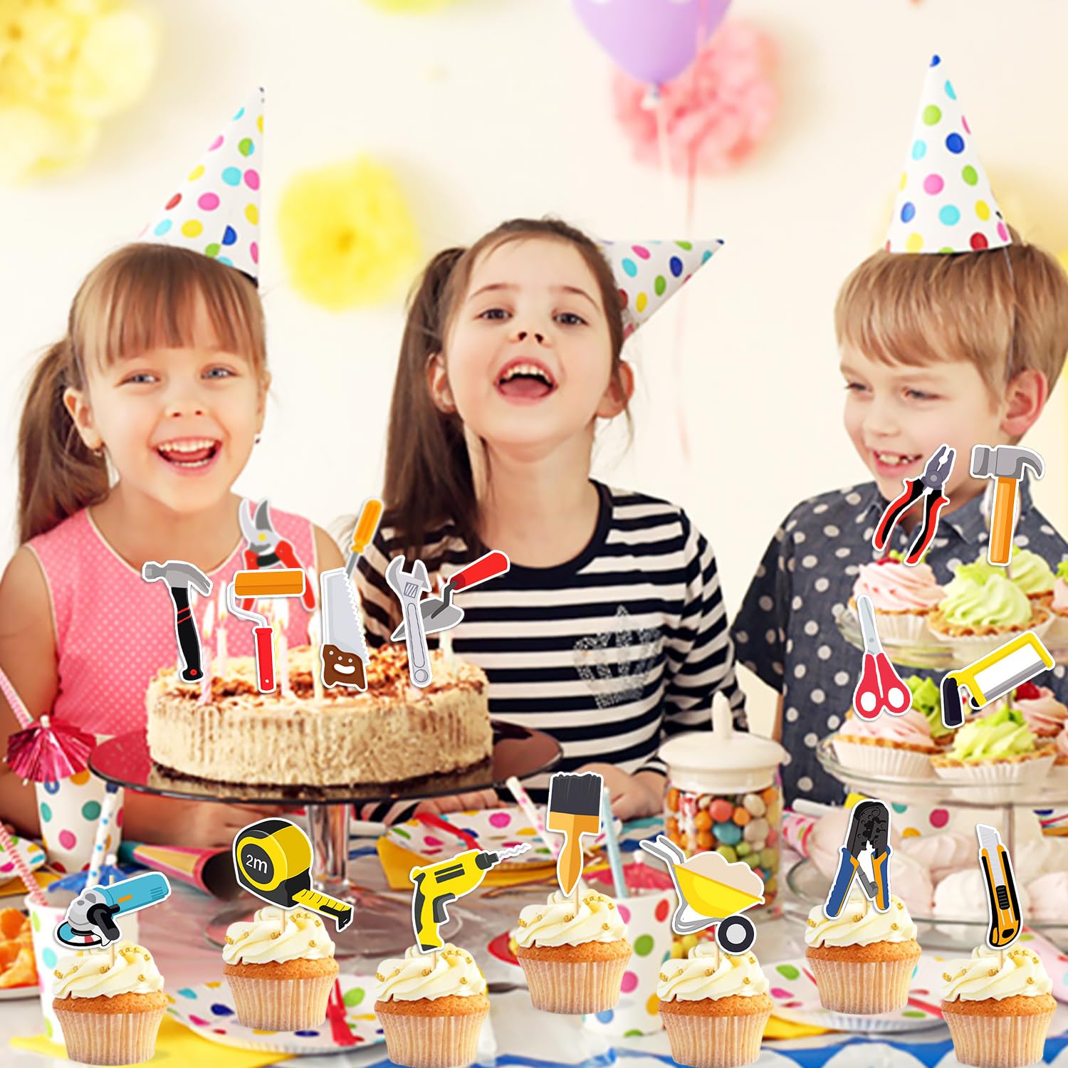 51-Piece Cupcake Toppers Set - Musical Instruments & Tools Theme (Hammer, Screwdriver, Pliers, Electric Drill) for Kids Birthday, Baby Shower, 1st & 2nd Birthday Parties - Cake Decorations & Party Supplies for DIY Baking & Celebrations