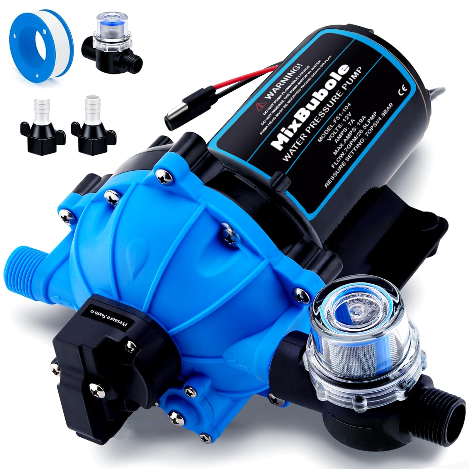 Upgraded 12V RV Water Pump 7GPM 70PSI - Heavy Duty Self-Priming Diaphragm Fresh Water Pump with Pressure Switch & Strainer - for RV, Marine, Yacht, Caravan, Camper - Perfect for Off-Grid Living, Boondocking & Outdoor Adventures