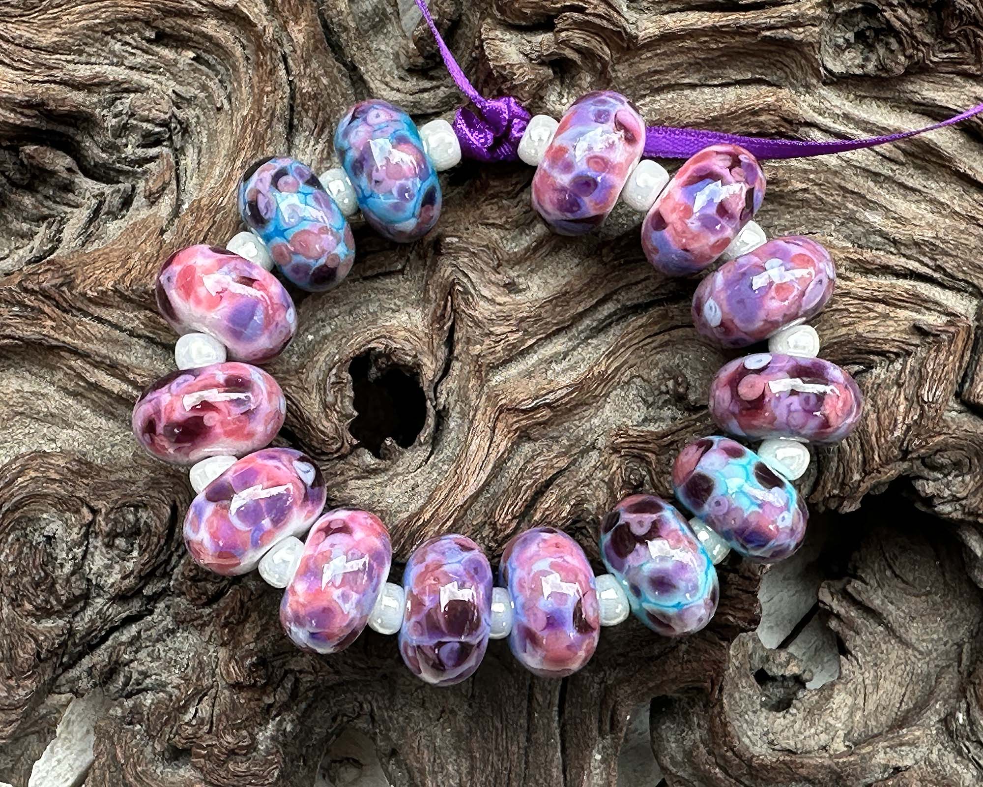 14pcs Lilac Bloom Mosaic Glass Lampwork Beads for Jewelry Making - DIY Bracelet, Necklace & Craft Projects - Handmade Artisan Beads for Boho Style Accessories