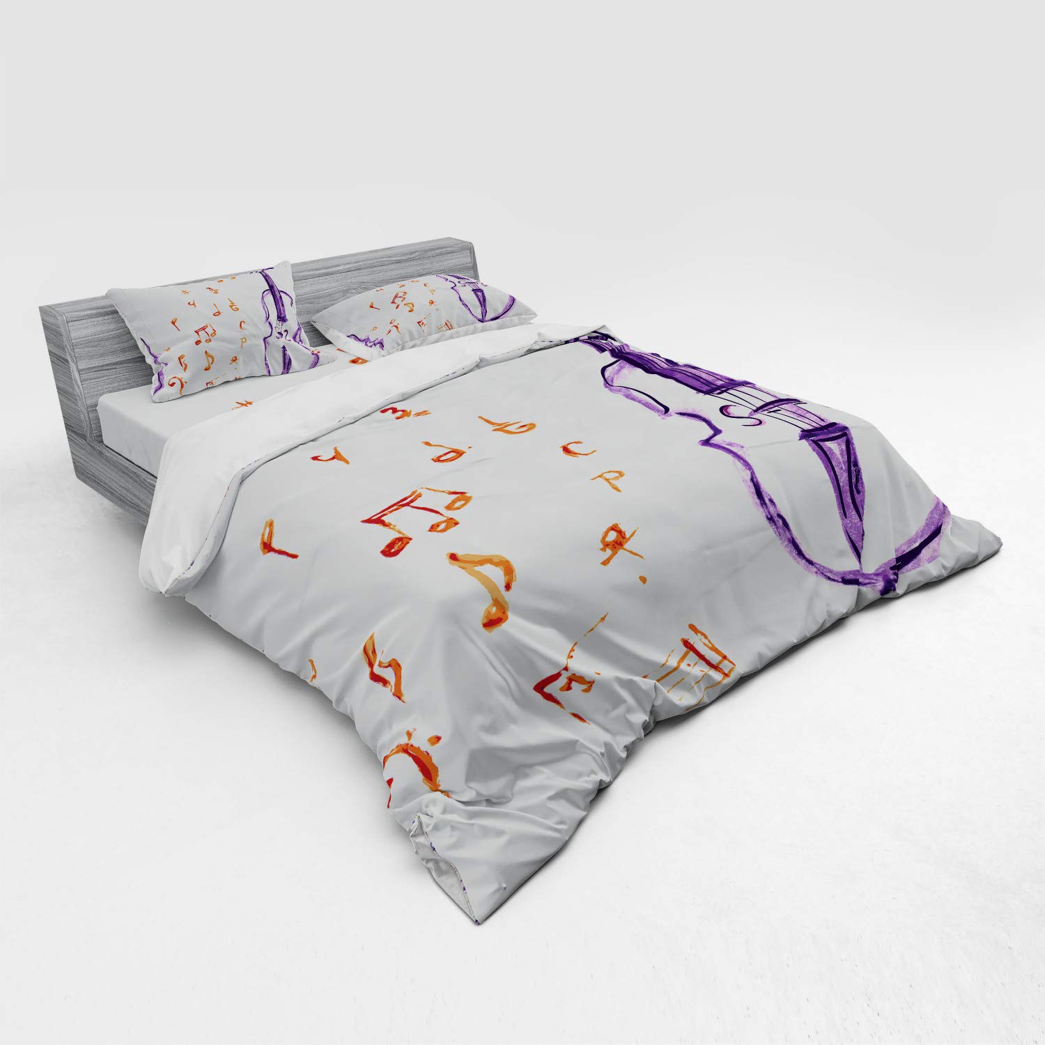 Ambesonne Music Themed 4-Piece King Size Bedding Set - Watercolor Violin, Cello & Musical Notes Print on White Backdrop - Duvet Cover with Shams & Fitted Sheet (Purple & Red) - Perfect for Musicians' Bedrooms, Music Lovers' Homes & Themed Guest Rooms