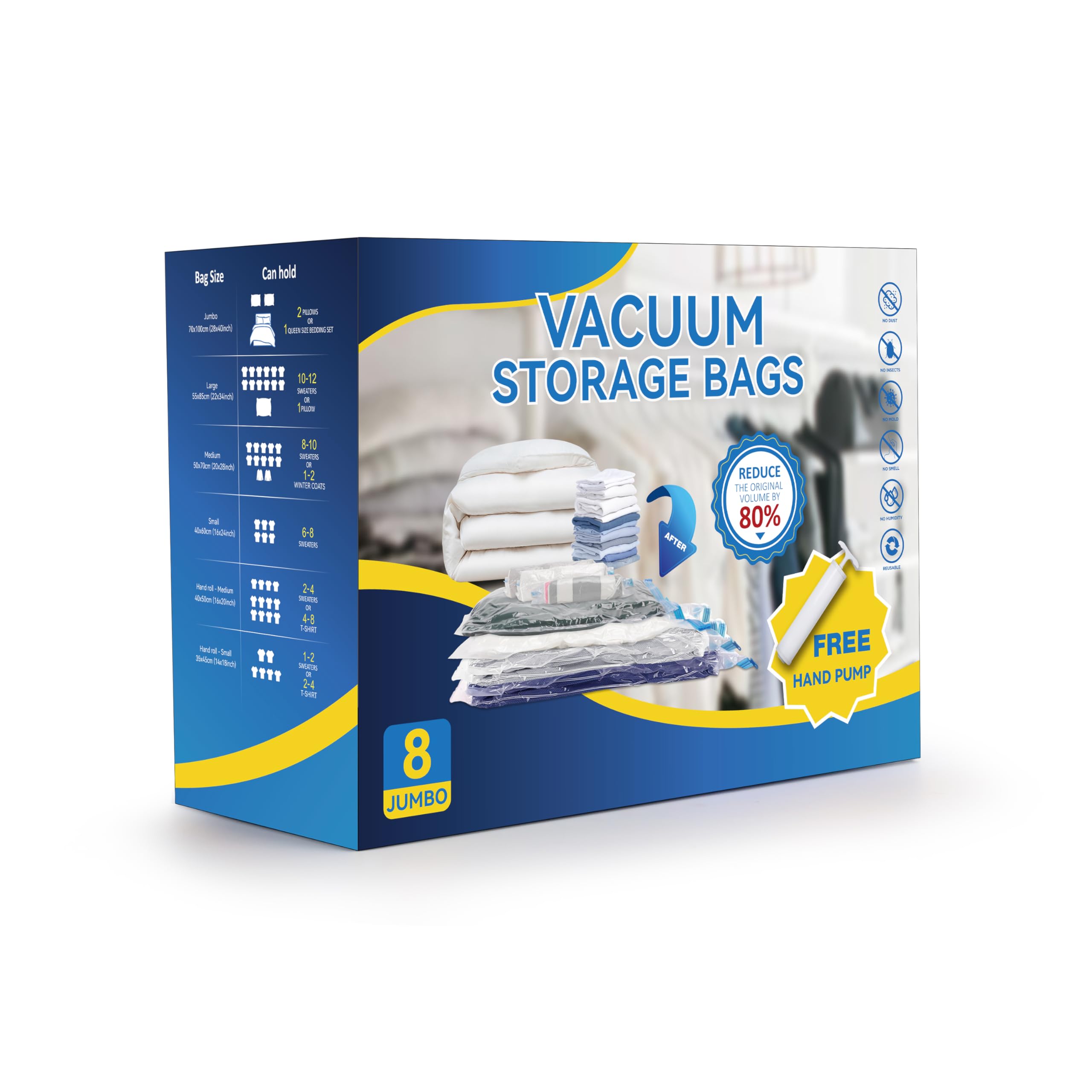 8 Jumbo Vacuum Storage Bags with Hand Pump - Space Saver Bags for Comforters, Blankets, Bedding, Pillows & Clothes | Perfect for Seasonal Storage, Travel & Home Organization