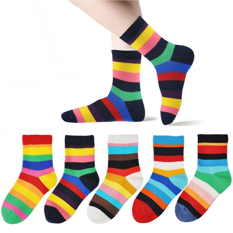 Marchare Girls Seamless Crew Cotton Socks - 5 Pack Rainbow Striped Casual Socks for Kids - Perfect for School, Play & Everyday Comfort
