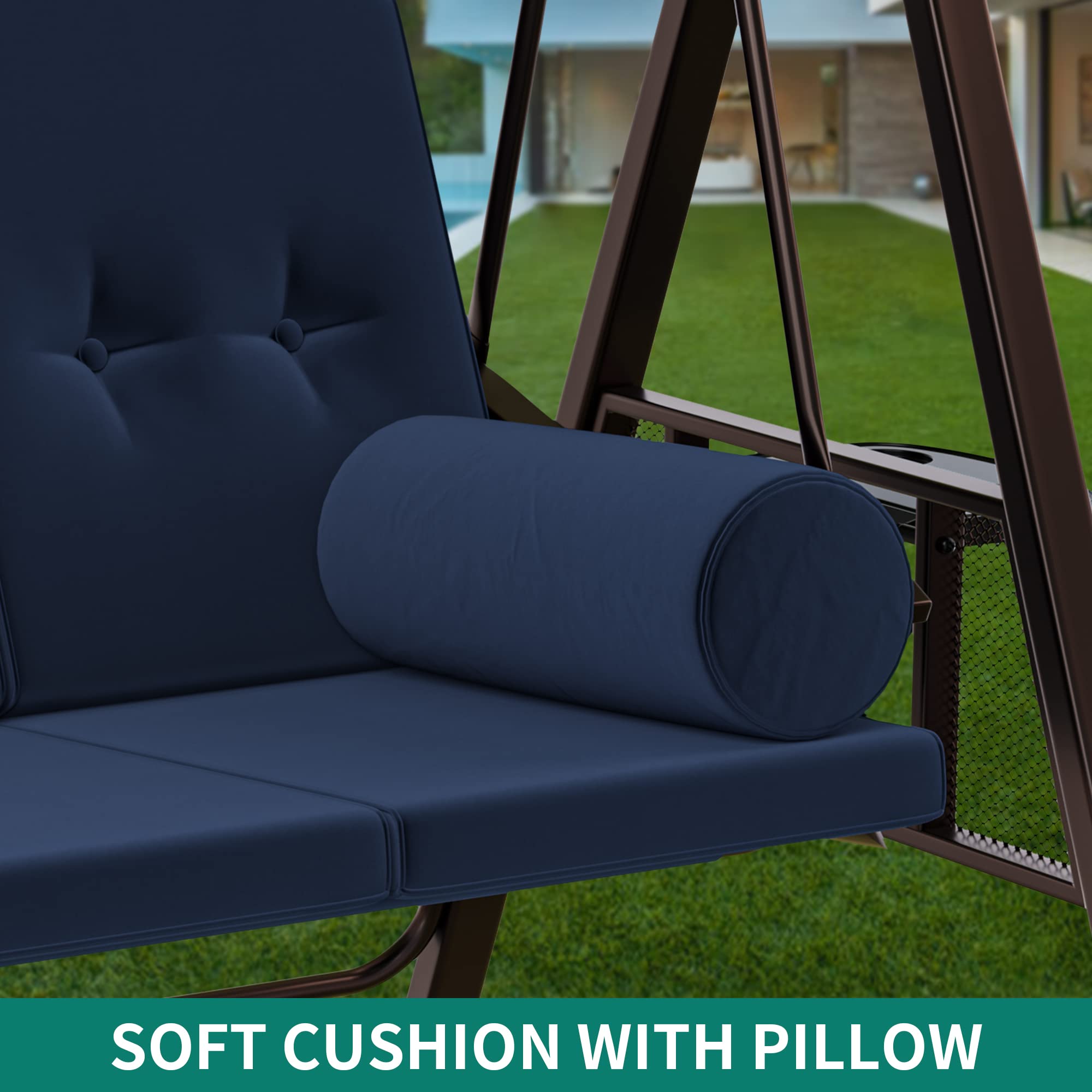 YITAHOME 3-Seat Heavy Duty Outdoor Porch Swing with Adjustable Canopy & Removable Cushions - Weather Resistant Steel Frame Patio Swing Chair for Garden, Backyard, Balcony, Deck (Navy Blue) - Perfect for Relaxing, Lounging & Enjoying Summer Breezes