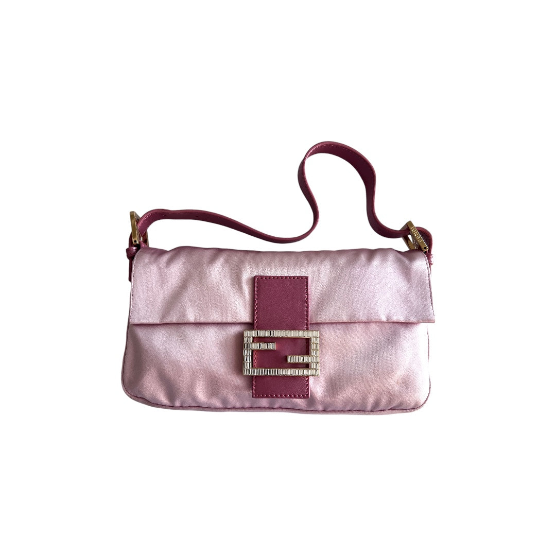 Fendi Pink Satin Baguette Bag for Women - Luxury Designer Crossbody Purse for Parties, Weddings & Evening Events