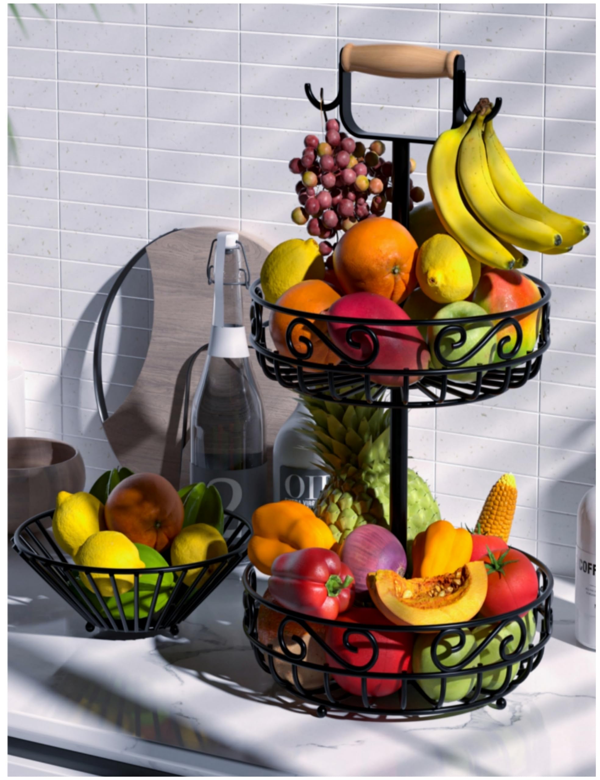 2-Tier Bamboo Fruit and Vegetable Basket with Banana Hanger & Wood Handle - Kitchen Counter Storage for Bread, Onions, Potatoes, Produce - Perfect for Organizing Fruits, Veggies in Pantry or Dining Room