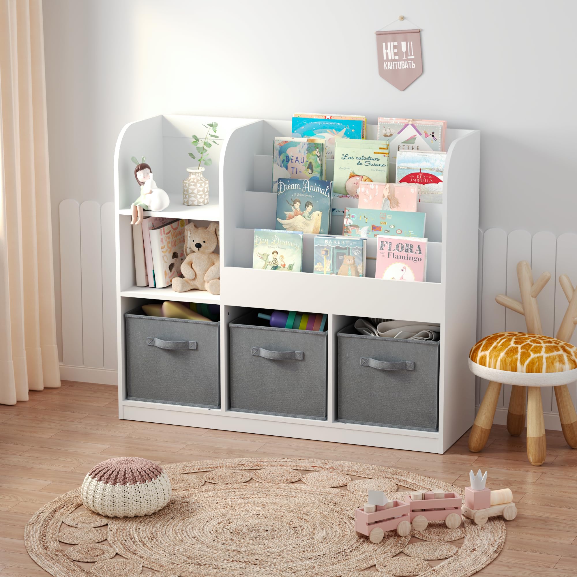 CCKO Kids Bookcase with 3 Movable Fabric Drawers - Multifunctional Bookshelf & Toy Storage Organizer for Nursery, Playroom, Bedroom - White/Gray Display Shelf for Books, Toys & Room Decor