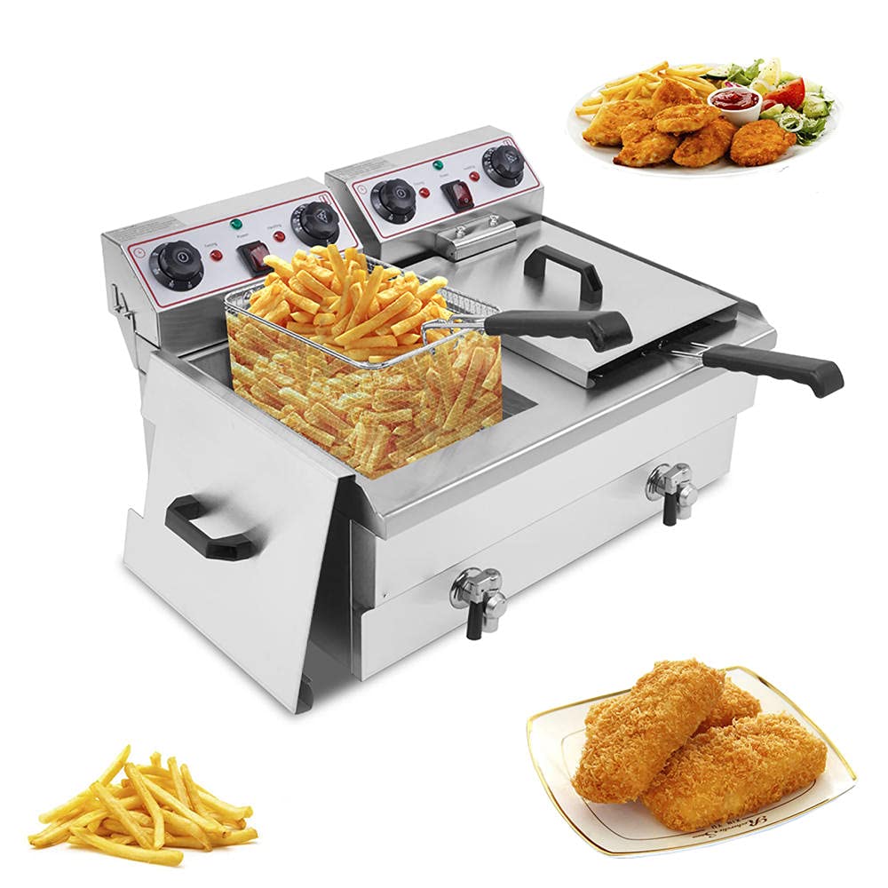 Commercial & Home Use 17QT Stainless Steel Electric Deep Fryer - Dual Tank, Double Basket with Oil Drain - 3400W Heavy Duty Countertop Deep Fryer for Restaurants, Catering & Family Gatherings