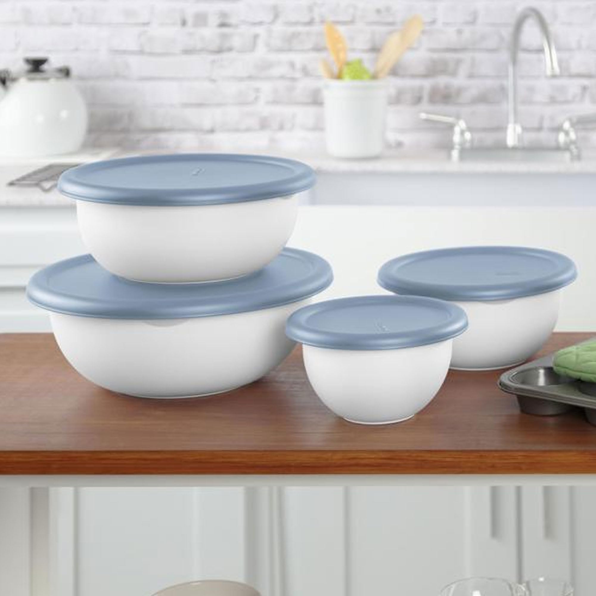 Sterilite 18-Piece Plastic Nesting Mixing Bowls Set with Lids & Pour Spouts - BPA-Free Food Storage Containers for Meal Prep, Baking, Cooking & Leftovers - Durable Kitchen Organizers in Washed Blue