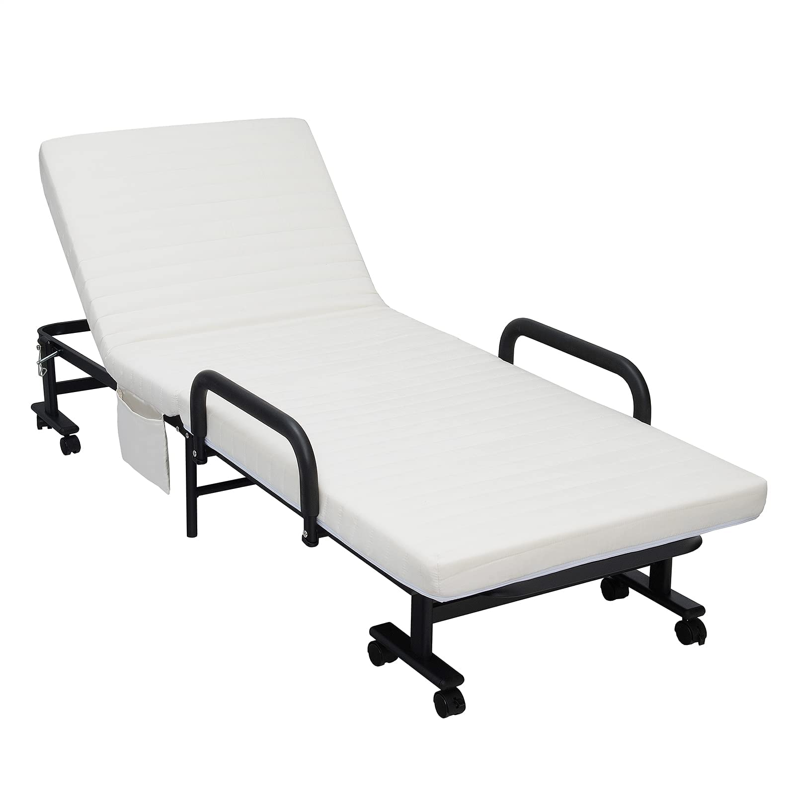 KOTEK Foldable Single Bed with Mattress - Portable Guest Bed with Storage Bag & Lockable Wheels - Compact Rollaway Cot for Camping, Office Nap, Home Use & Travel (White)