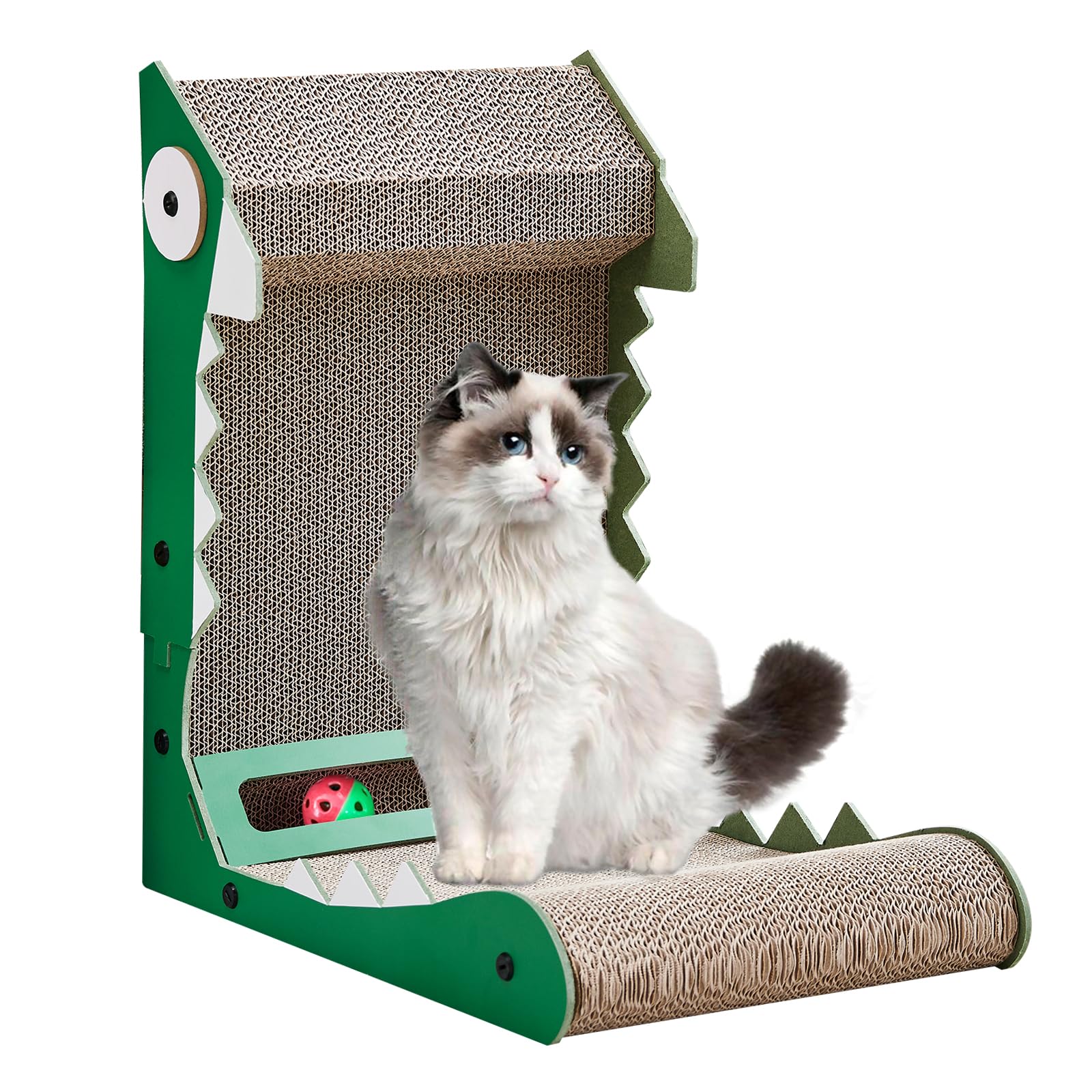Premium L-Shaped Cat Scratcher Wall Mount - 19.7 Inch Cardboard Scratching Pad with Ball Toy & Crocodile Design - Protects Furniture from Cat Scratching - Perfect for Indoor Cats, Apartments & Home Decor