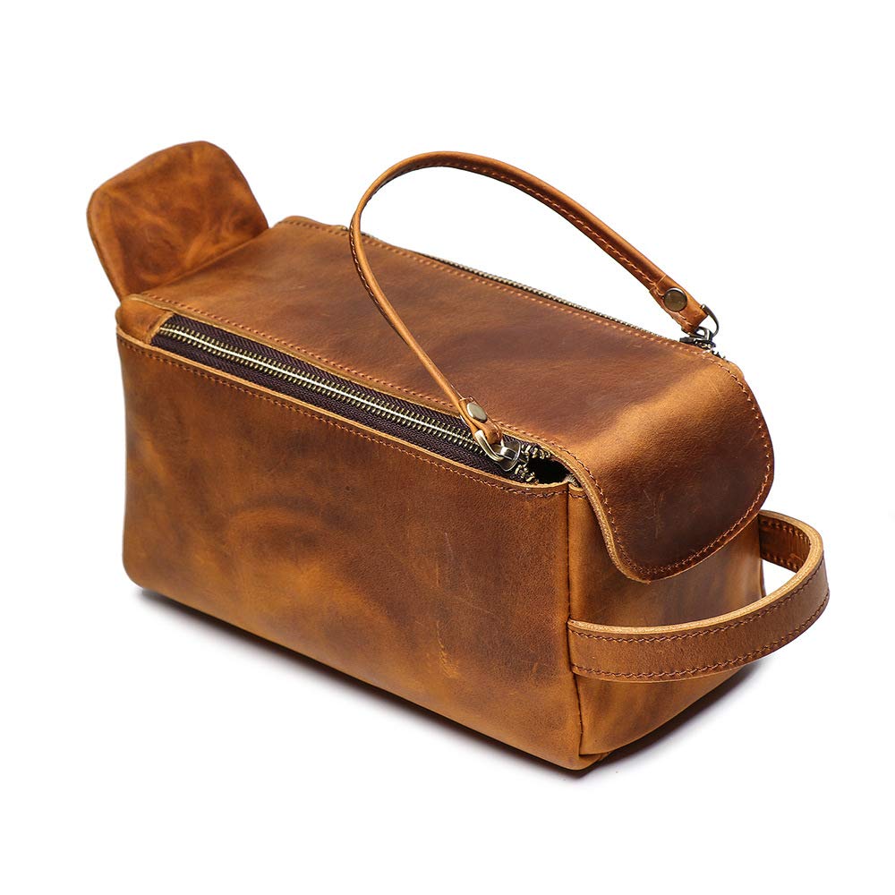 **Genuine Buffalo Retro Leather Unisex Toiletry Bag – Travel Dopp Kit & Washing Bag (Brown) – Perfect for Camping, Gym & Business Trips**