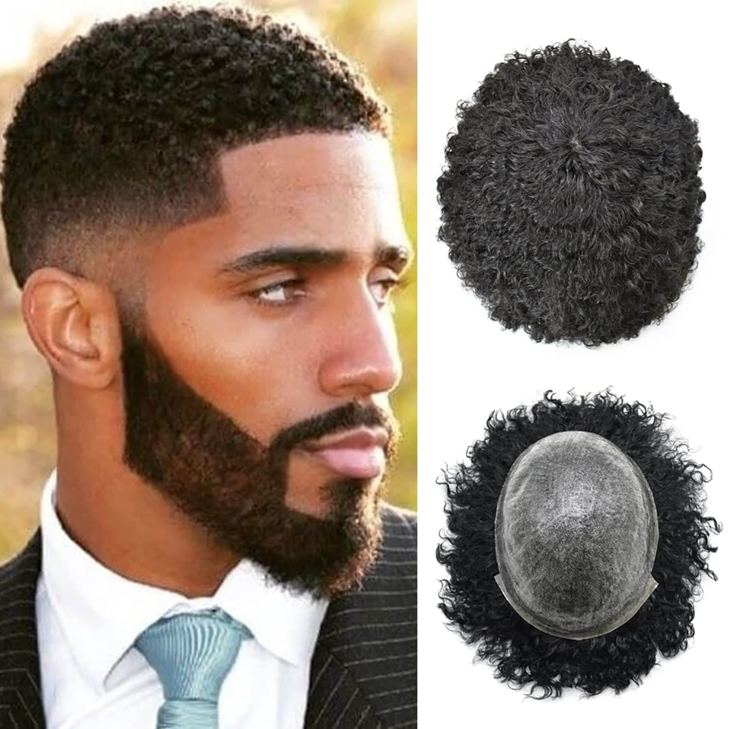 Afro Toupee for Black Men - Kinky Curly Human Hair Replacement System | Invisible Thin Skin Base | All PU Injected for Natural Look | Perfect for Daily Wear, Special Occasions & Hair Loss Solutions
