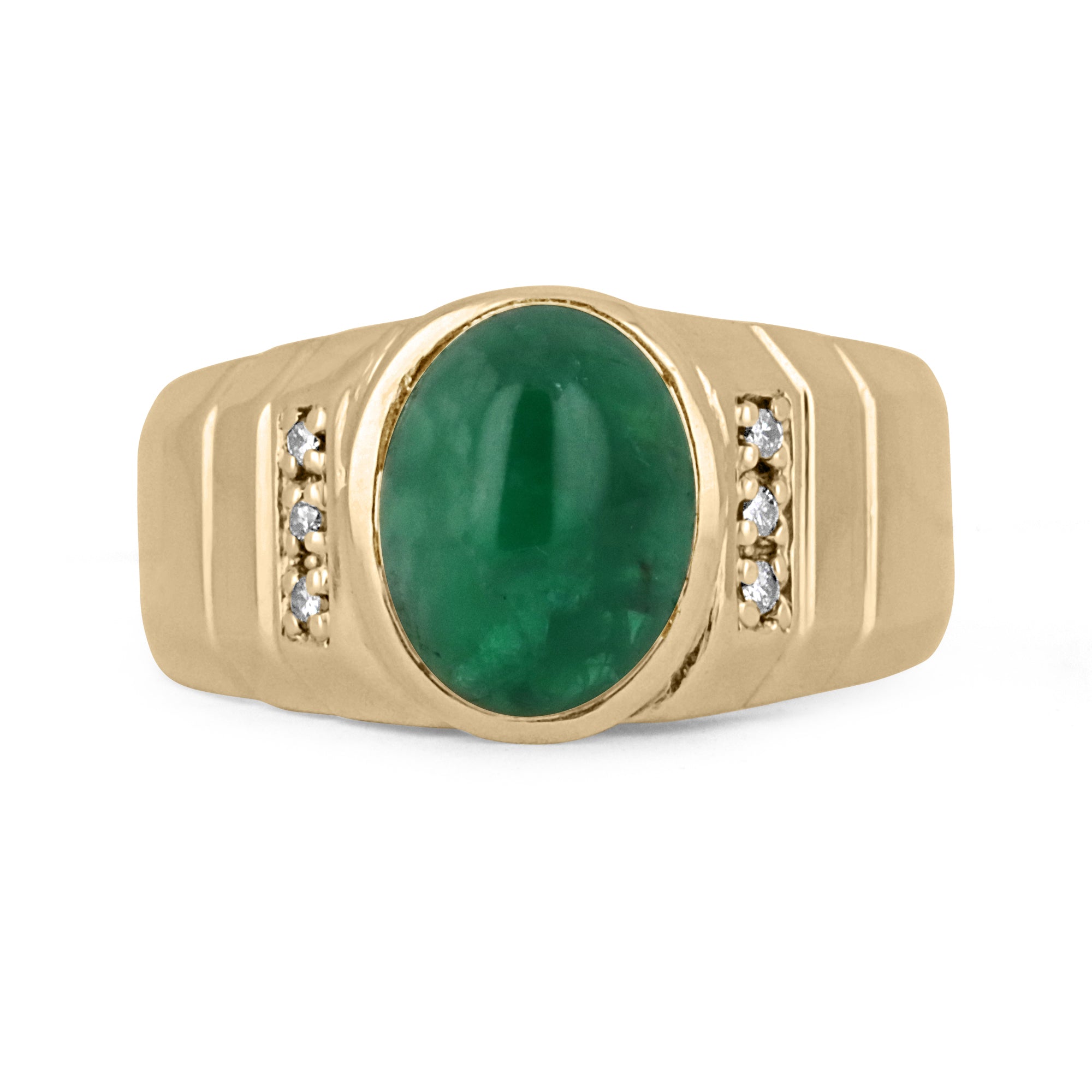 4.93tcw 14K Gold Natural Emerald Cabochon Oval Cut Diamond Accent Men's Ring for Wedding, Engagement & Gift - Handmade Jewelry for Him