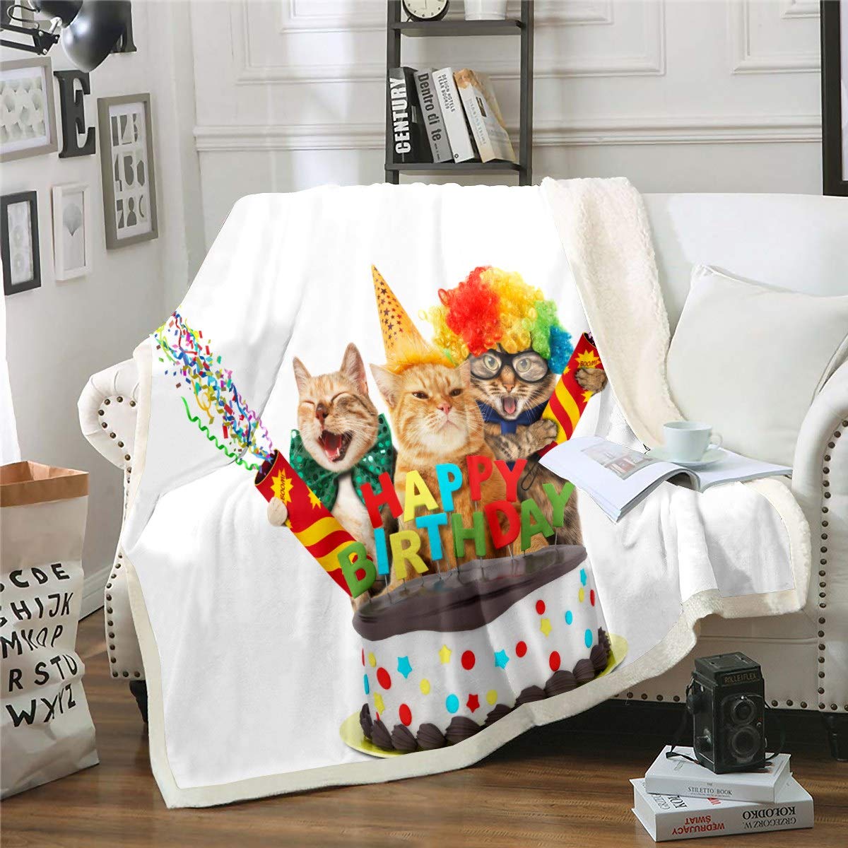 Feelyou 3D Cat Printed Sherpa Throw Blanket for Kids - Soft Plush Animal Pattern Blanket 30x40 Inches - Perfect for Couch, Bed, Sofa & Baby Gifts | Birthday Present, Home Decor, Winter Warmth
