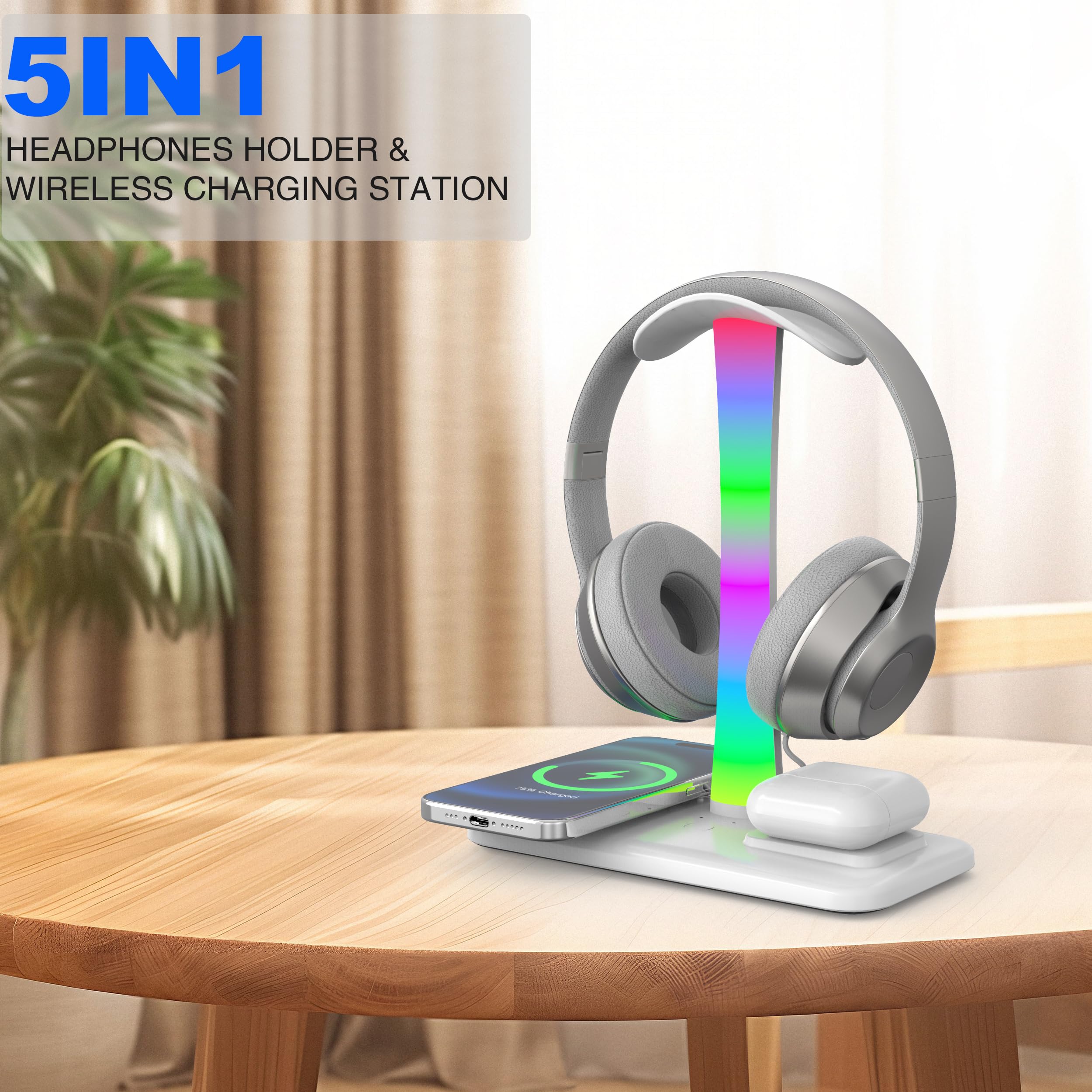 5 in 1 Wireless Charging Headphone Stand - 15W Fast Charging Station for iPhone 15/14/13/12/11/XS/XR/X, AirPods 3/2/Pro/2 - Desk Gaming Headset Holder with LED Light (White) - Perfect for Home Office, Gaming Setup & Nightstand Charging