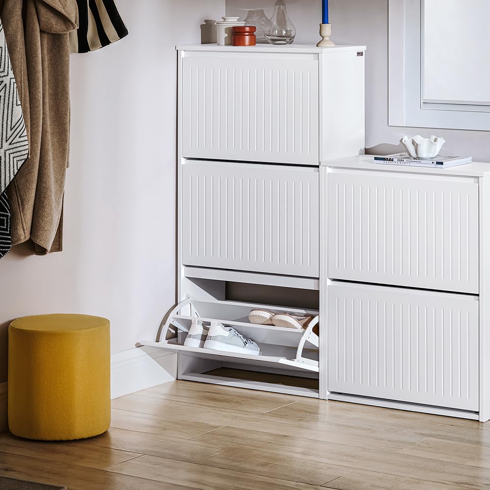 3-Tier Flip-Drawer Shoe Storage Cabinet - Freestanding Shoe Organizer for Entryway & Narrow Hallway - White Shoe Rack for Small Spaces - Perfect for Apartments, Dorm Rooms & Closet Organization