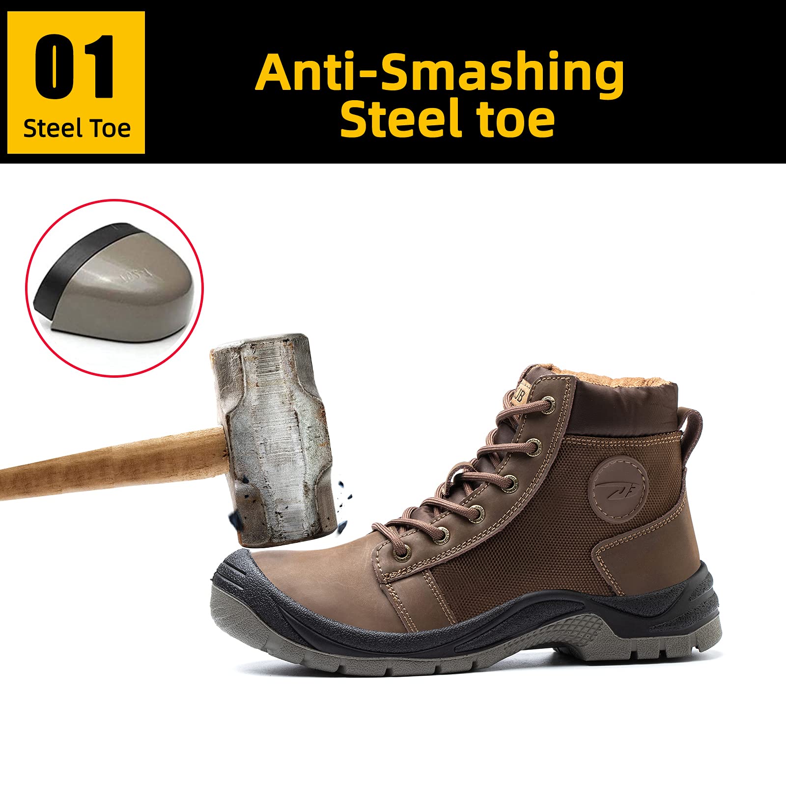 NBUUNBU Men's Steel Toe Work Boots - Slip & Abrasion Resistant Safety Shoes, Leather Insulated Construction Boots with Breathable Design for Heavy Duty Work - Perfect for Construction, Warehouse & Industrial Jobs