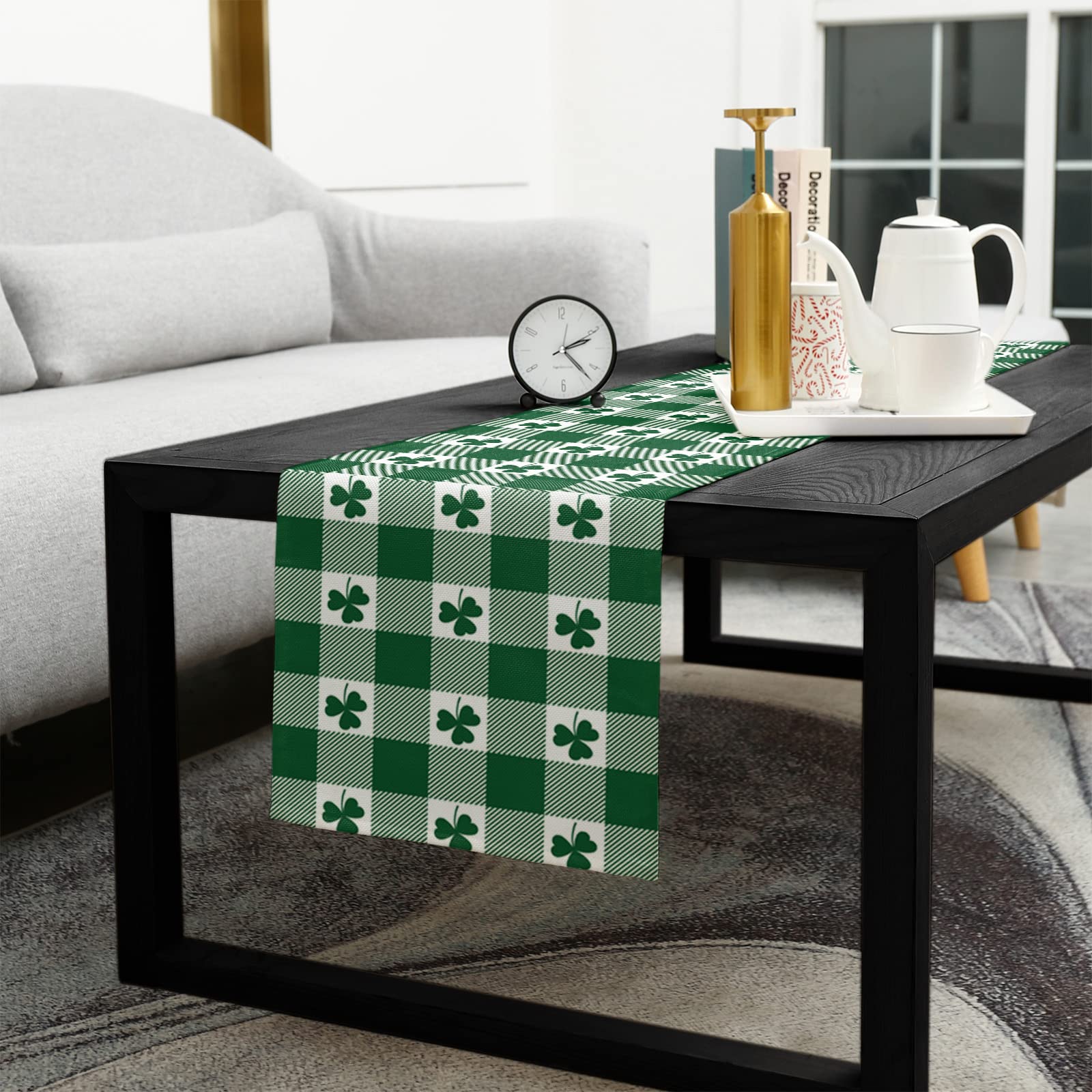120 Inch St Patrick's Day Table Runner - Cotton Linen Irish Kitchen Dinner Tablecloth in Green White Buffalo Plaid | Perfect for Dining Tables, Dressers, Parties & Weddings | Festive Home Decor & Holiday Entertaining