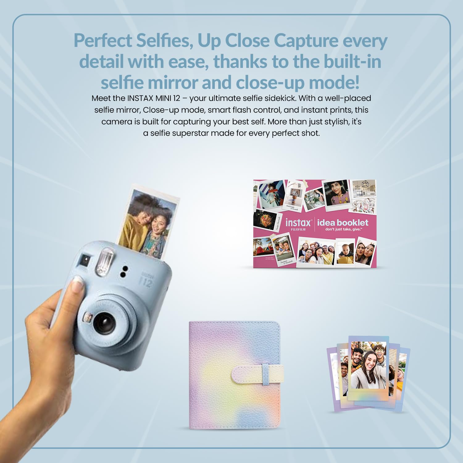 FujiFilm INSTAX Mini 12 Instant Camera (2024 Model) - Pastel Blue Holiday Bundle with 4 AA Batteries & Microfiber Cleaning Cloth | Perfect for Travel, Parties, and Memory Keeping