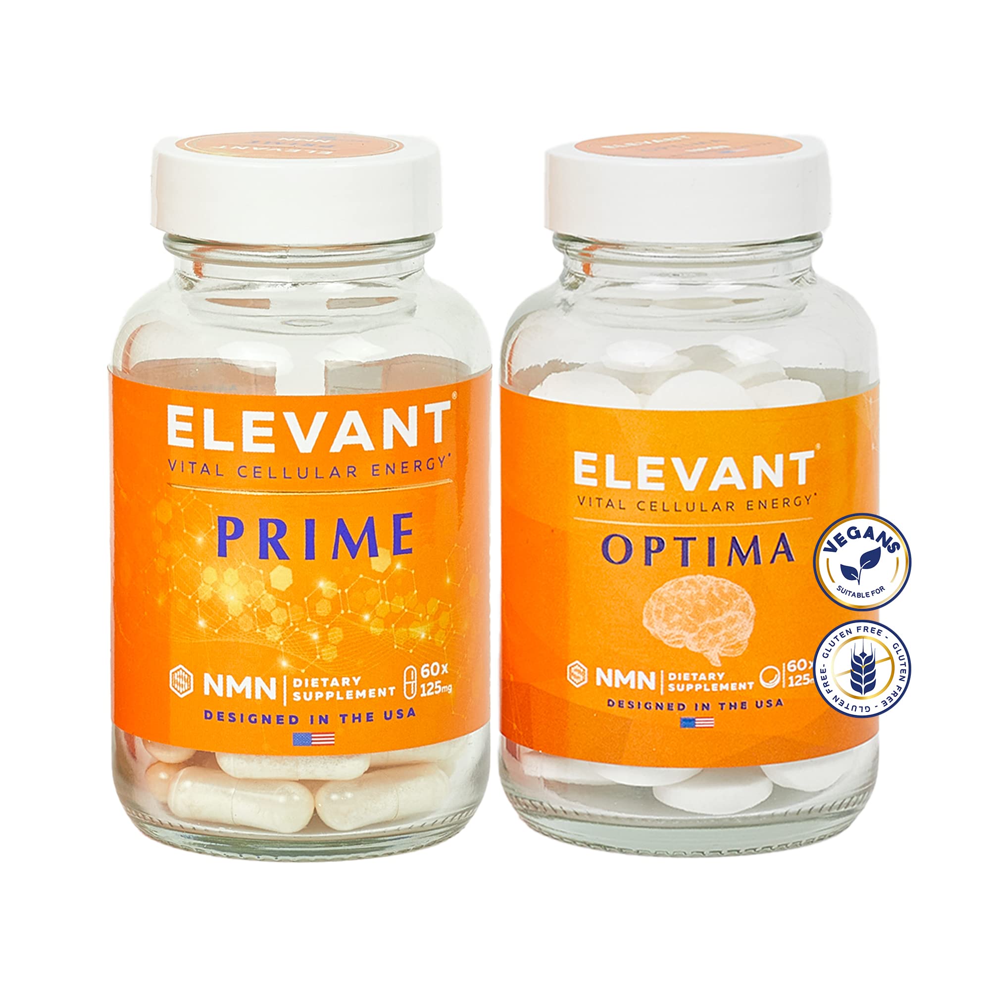 Elevant Prime + Optima NMN Supplement for NAD+ Boost – Ultra-Pure Nicotinamide Mononucleotide 125mg | 3rd Party Tested, More Effective Than NR | 60 Capsules + 60 Tablets | Supports Cellular Energy, Anti-Aging & Cognitive Function | Perfect for Health-Conscious Adults & Biohackers