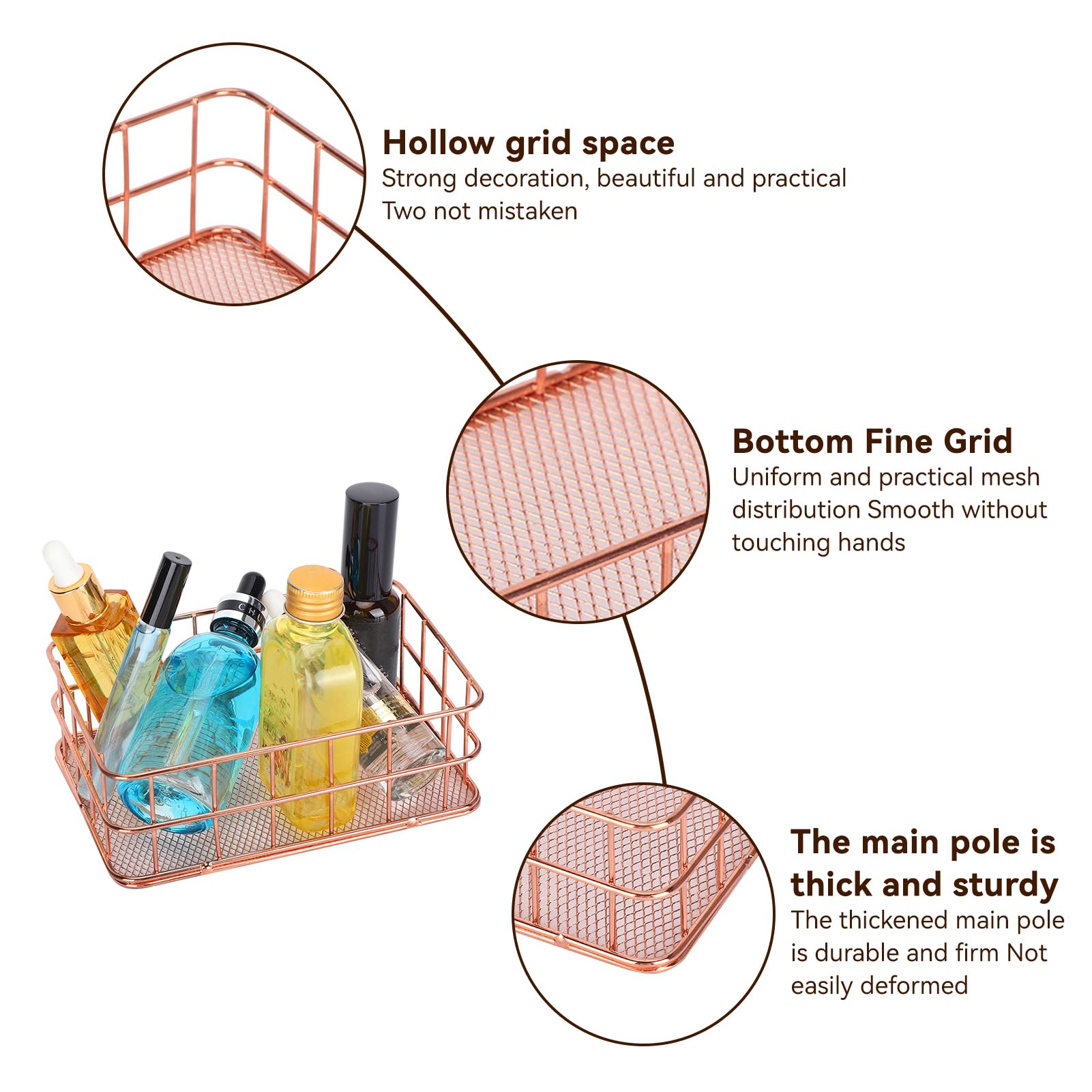 Rose Gold Wire Storage Basket - 4.6x6.7x2.3 Inch Metal Organizer for Desktop, Pantry & Cabinet | Kitchen Storage Solution for Utensils, Spices & Office Supplies