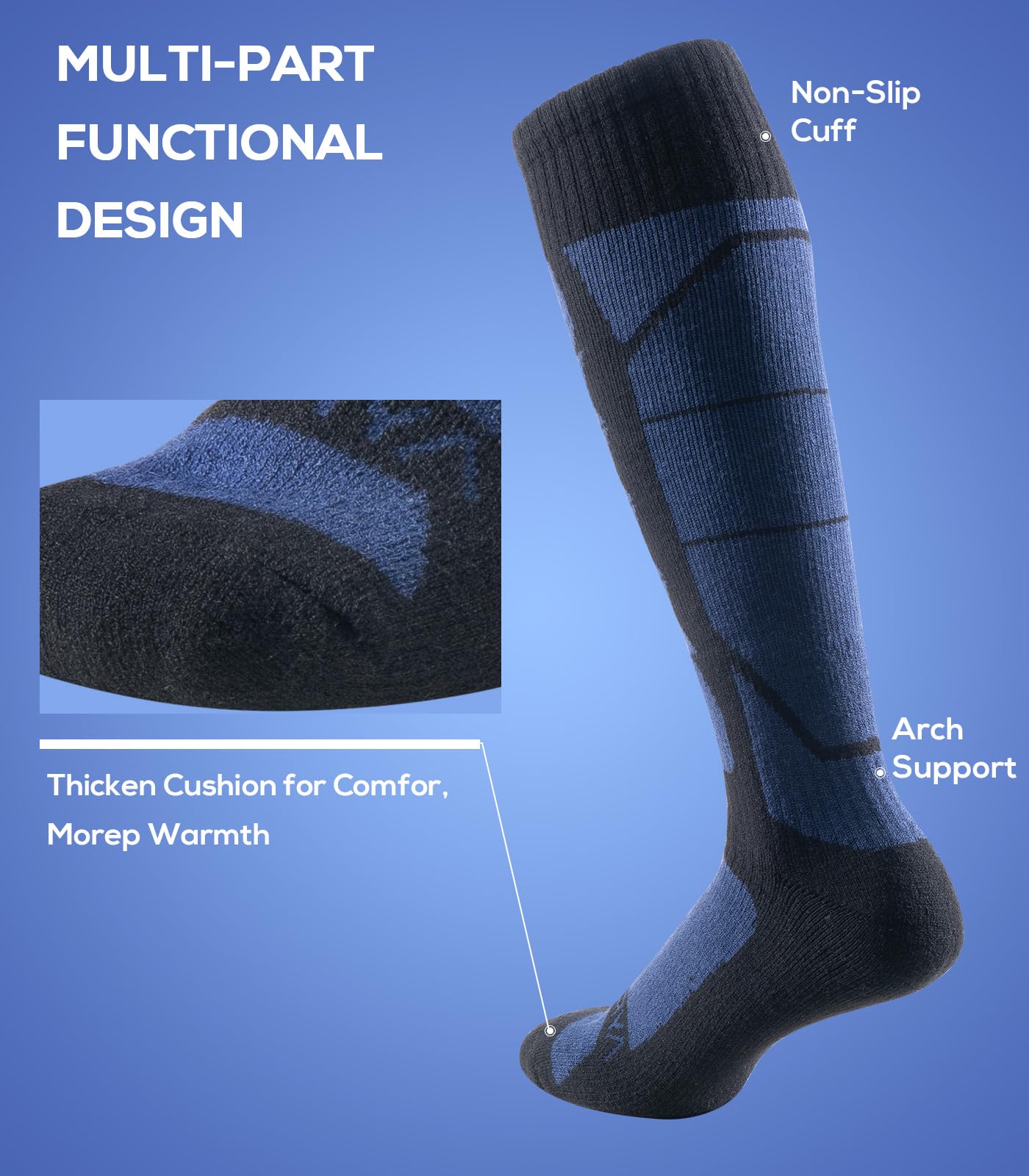 Premium Merino Wool Ski Socks for Men & Women - Thermal Over-the-Calf Winter Socks for Skiing, Snowboarding & Cold Weather Outdoor Activities - Warm & Breathable Hiking Socks for Snow Sports & Winter Adventures