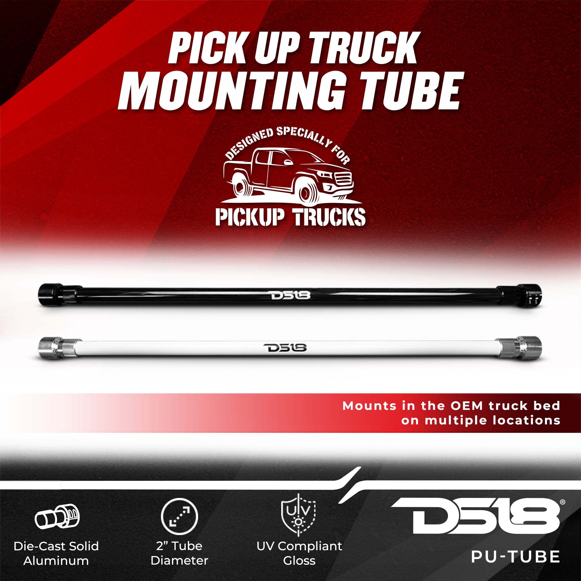 DS18 PU-Tube Black Pick Up Truck Bed Mounting Bar - Heavy Duty Aluminum Alloy Rack System for Off-Road Vehicles & Work Trucks - Perfect for Mounting Light Bars, Pods & Accessories on Ford F150, Chevy Silverado & RAM 1500 (Ideal for Camping, Hunting & Construction Sites)