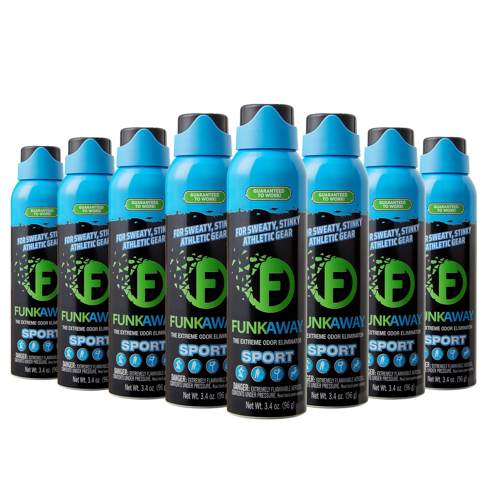 FunkAway Sport Aerosol Spray - 3.4 oz (8 Pack) | Powerful Odor Eliminator for Shoes, Gym Bags & Sports Equipment | Freshens Non-Washable Items | Ideal for Athletes, Gym Enthusiasts & Outdoor Adventures | Black (FASA3.4/8)