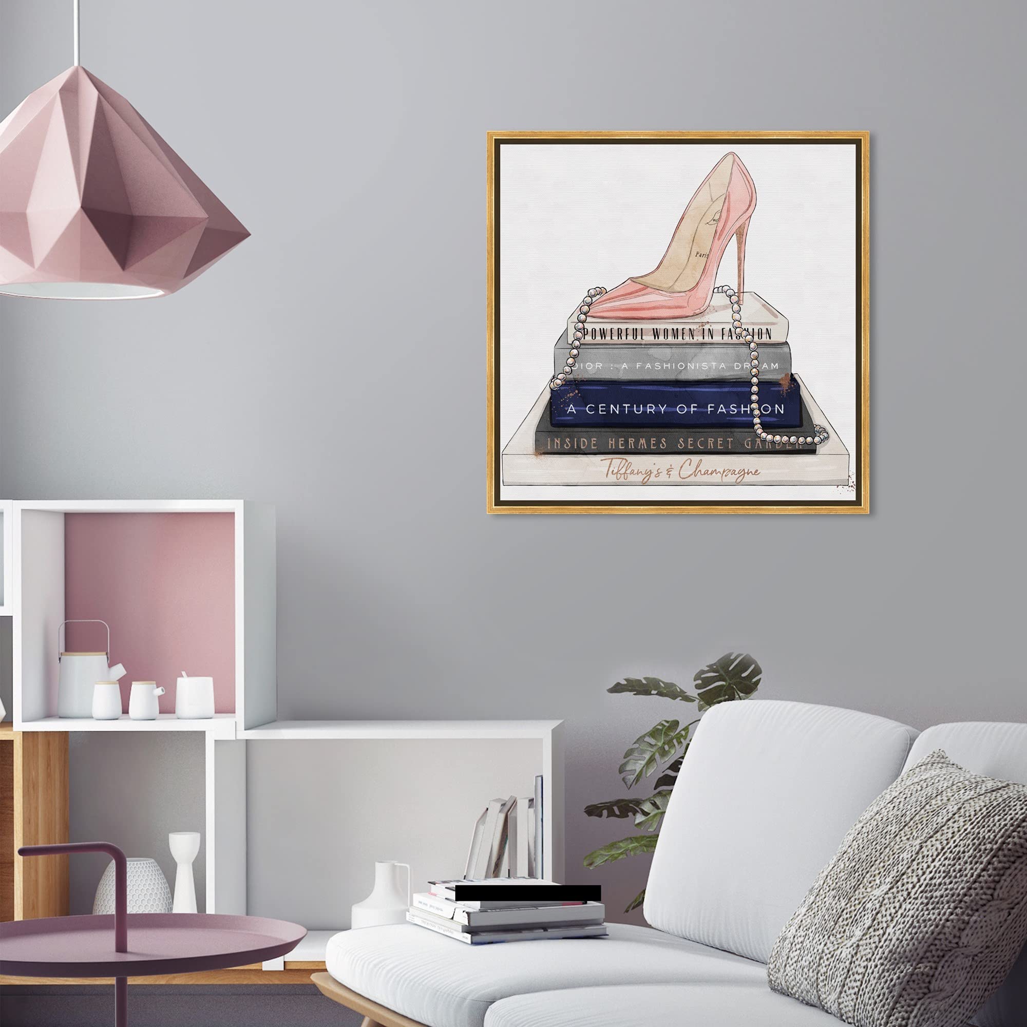 Oliver Gal Fashion & Glam Wall Art Canvas Print - 24x24 Gold Framed Shoes, Blush Stiletto & Navy Books Home Decor | Perfect for Living Room, Bedroom & Office Wall Decor