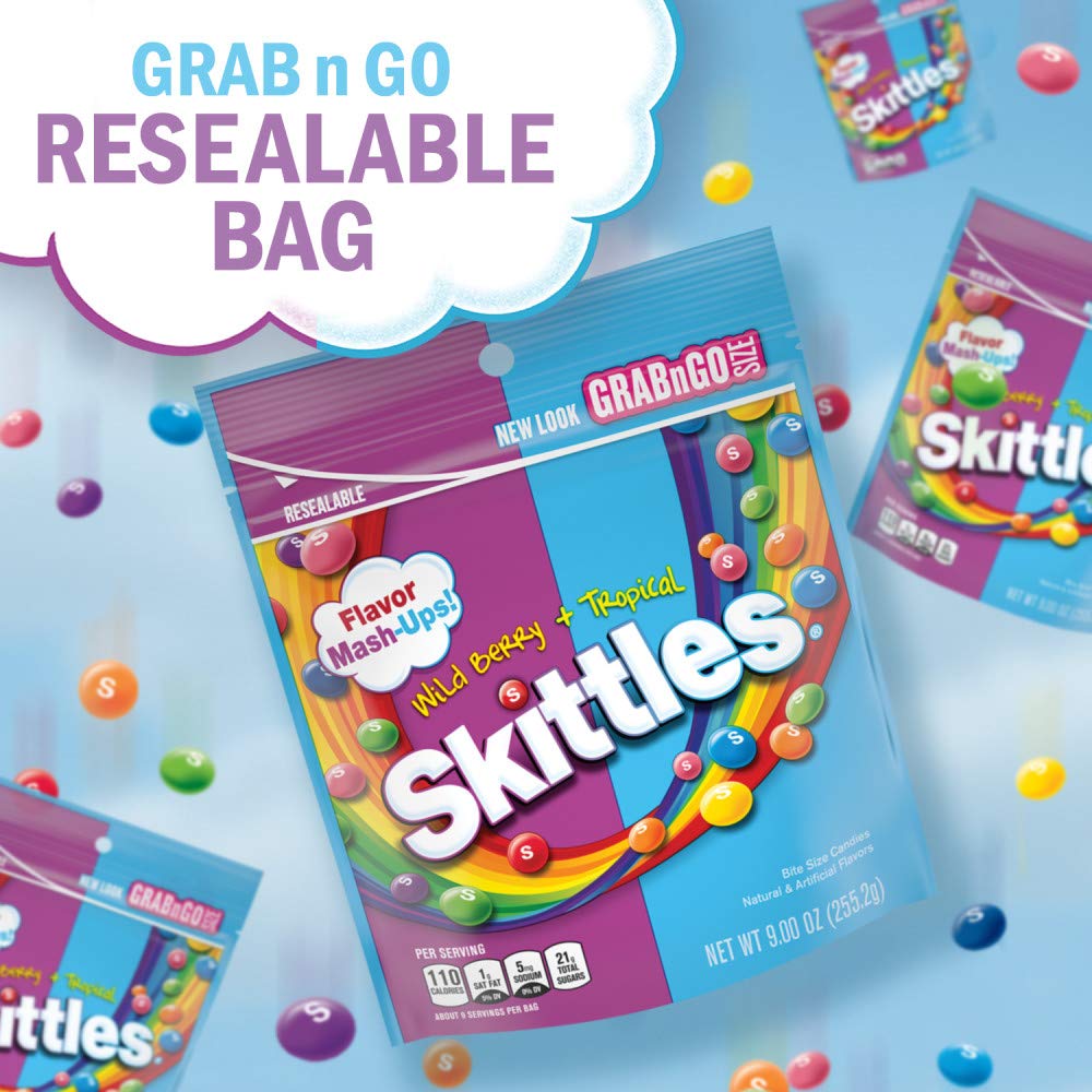 Skittles Wild Berry & Tropical Mash Up Chewy Candy - 9 Oz Resealable Bags (8 Count) - Bulk Candy Box for Parties, Halloween, Office Snacks & Movie Nights