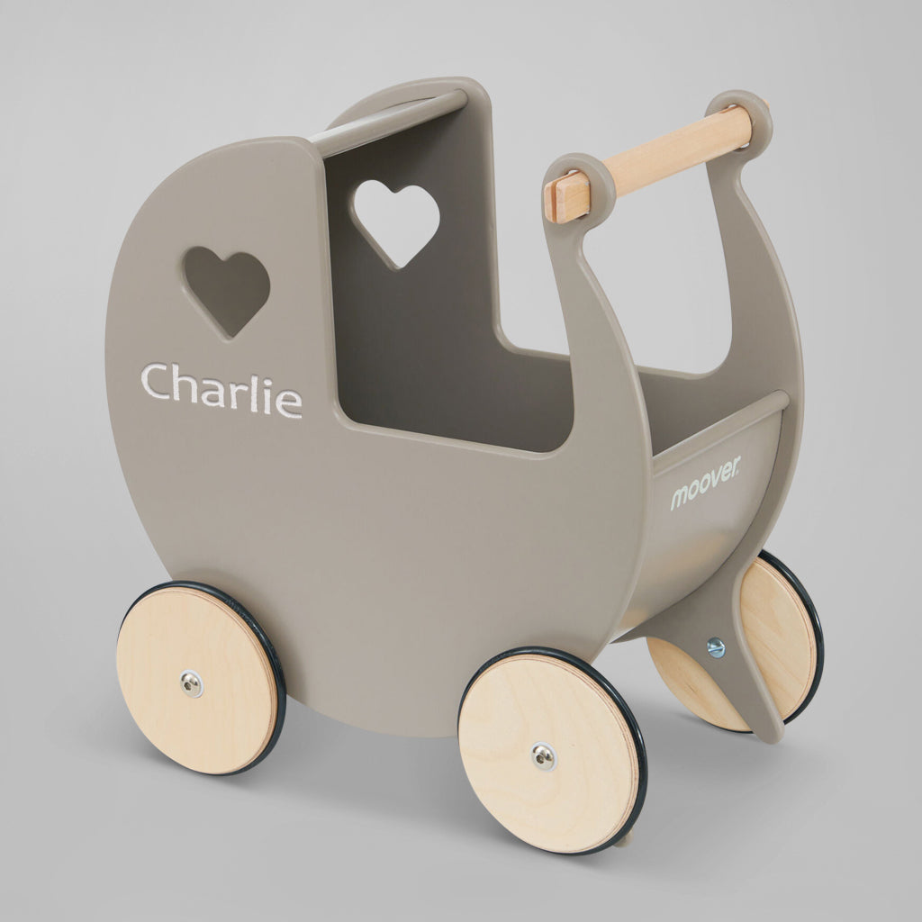 Personalized Grey Wooden Doll Stroller - Perfect for Kids' Pretend Play, Nursery Decor & Gift for Toddlers