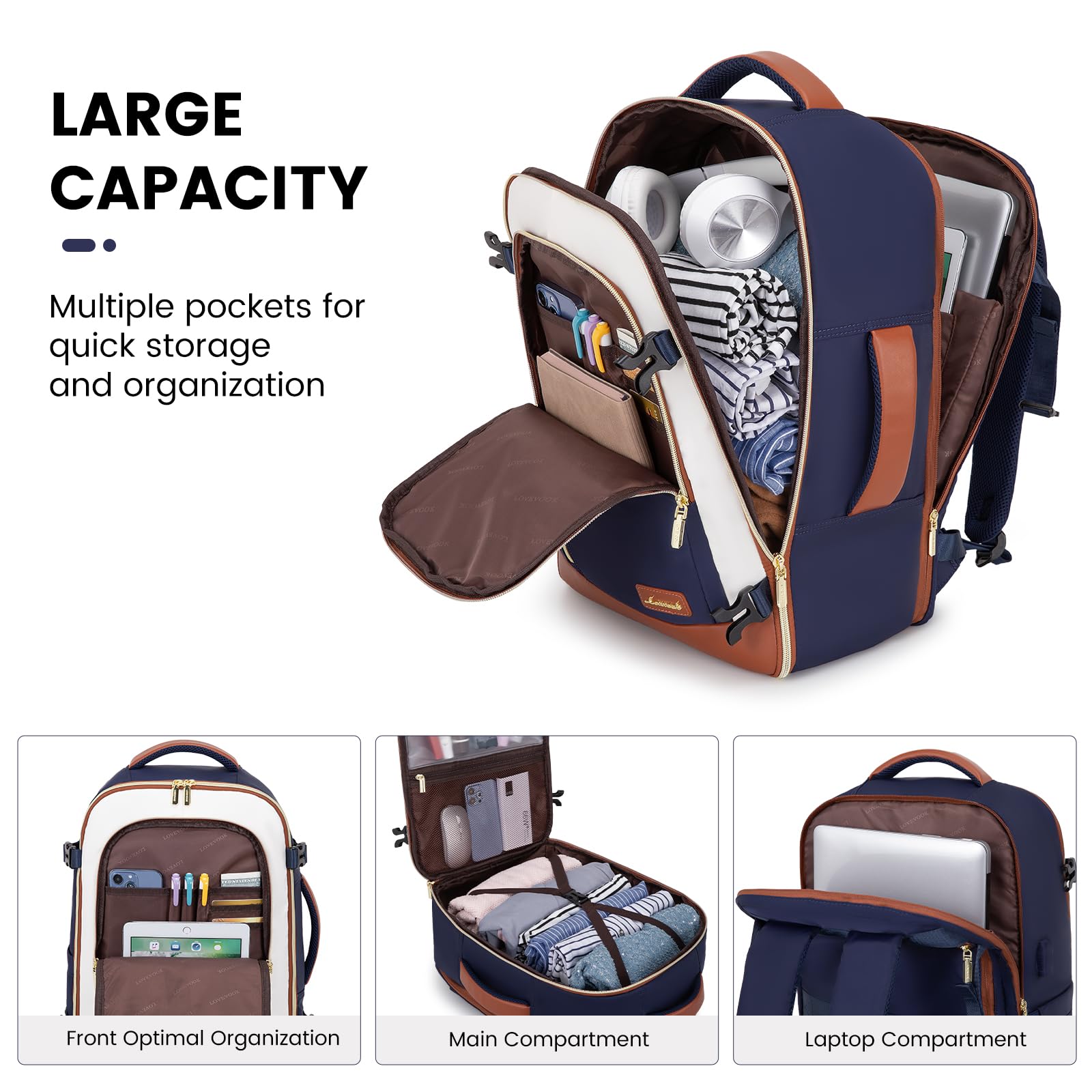 LOVEVOOK 40L Travel Backpack for Women & Men - Waterproof Carry On Backpack with 3 Packing Cubes, Business Weekender Overnight Bag, Fits 17 Inch Laptop (Blue Beige) - Perfect for Air Travel, Business Trips & Weekend Getaways