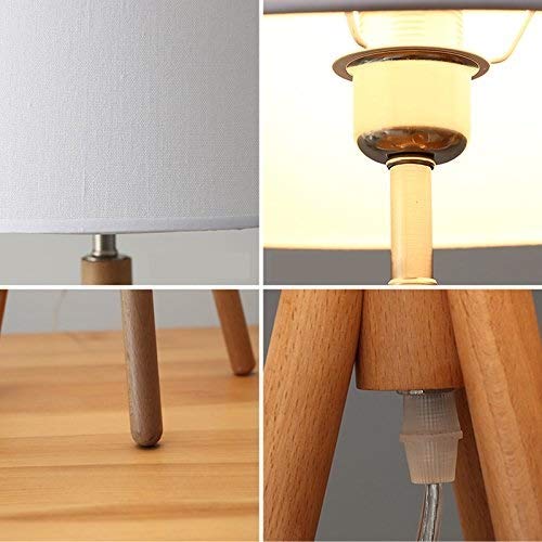 Modern Trident Wooden Table Lamp - White Fabric Shade, Bedroom & Office Lighting Decor for Nightstand, Desk, and Computer Workspace