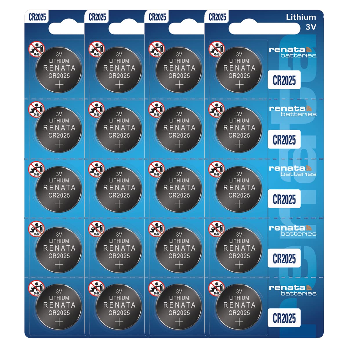 Renata CR2025 3V Lithium Coin Cell Batteries - 20 Pack for Watches, Calculators, Key Fobs & Medical Devices - Long-Lasting Power Supply