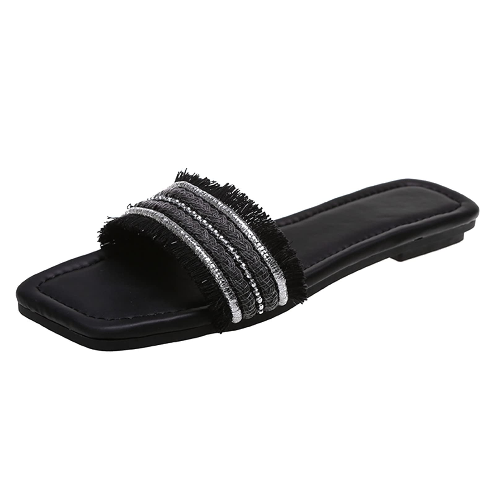 Women's Beaded Fringe Flat Sandals - Square Toe Bohemian Beach Slippers with Wedge Heel | Perfect for Summer, Vacation, and Casual Outfits